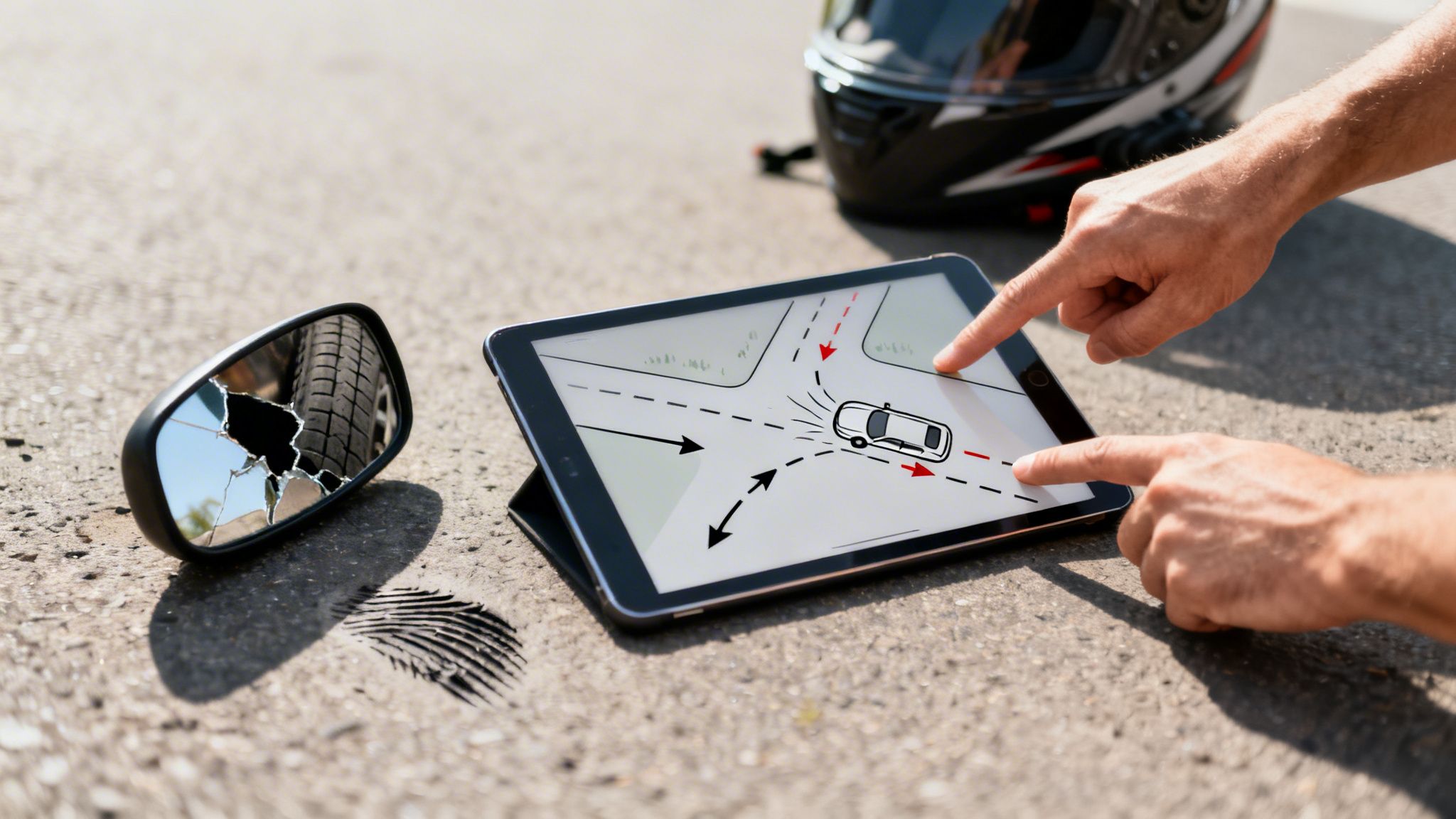 Hands use a tablet to analyze a car crash diagram next to a broken side mirror and helmet.