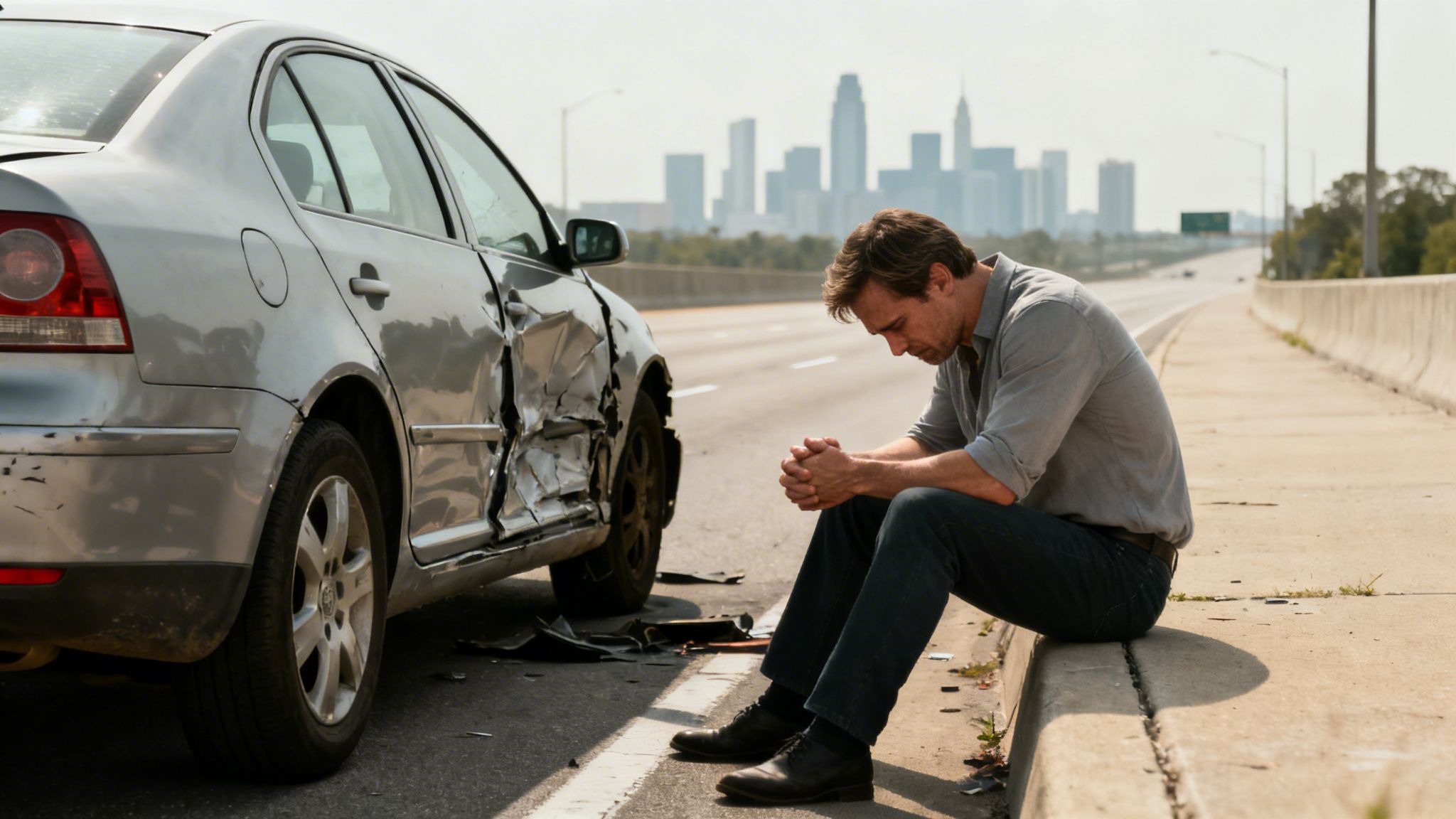 A distressed man sits by a heavily damaged silver car on a highway after an accident.