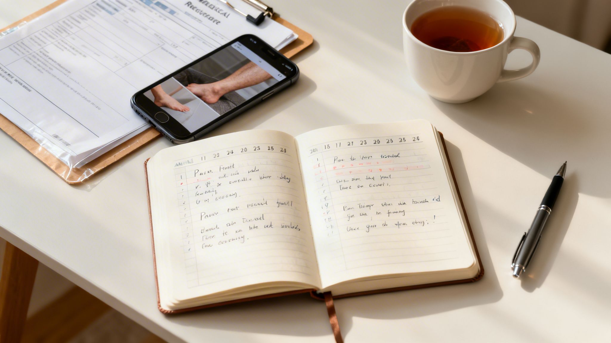 A white desk with medical records, a phone showing feet, an open planner, pen, and tea.