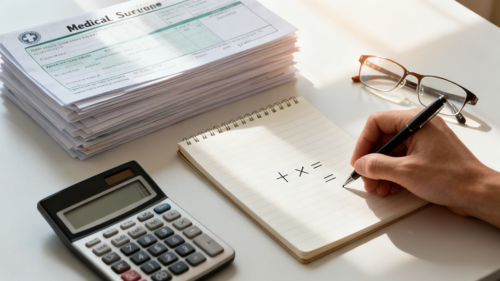 Hand calculating medical expenses on a notepad with a calculator and stack of papers.