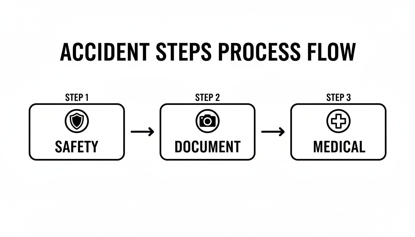 A three-step accident process flow diagram showing safety, documentation, and medical stages with corresponding icons.