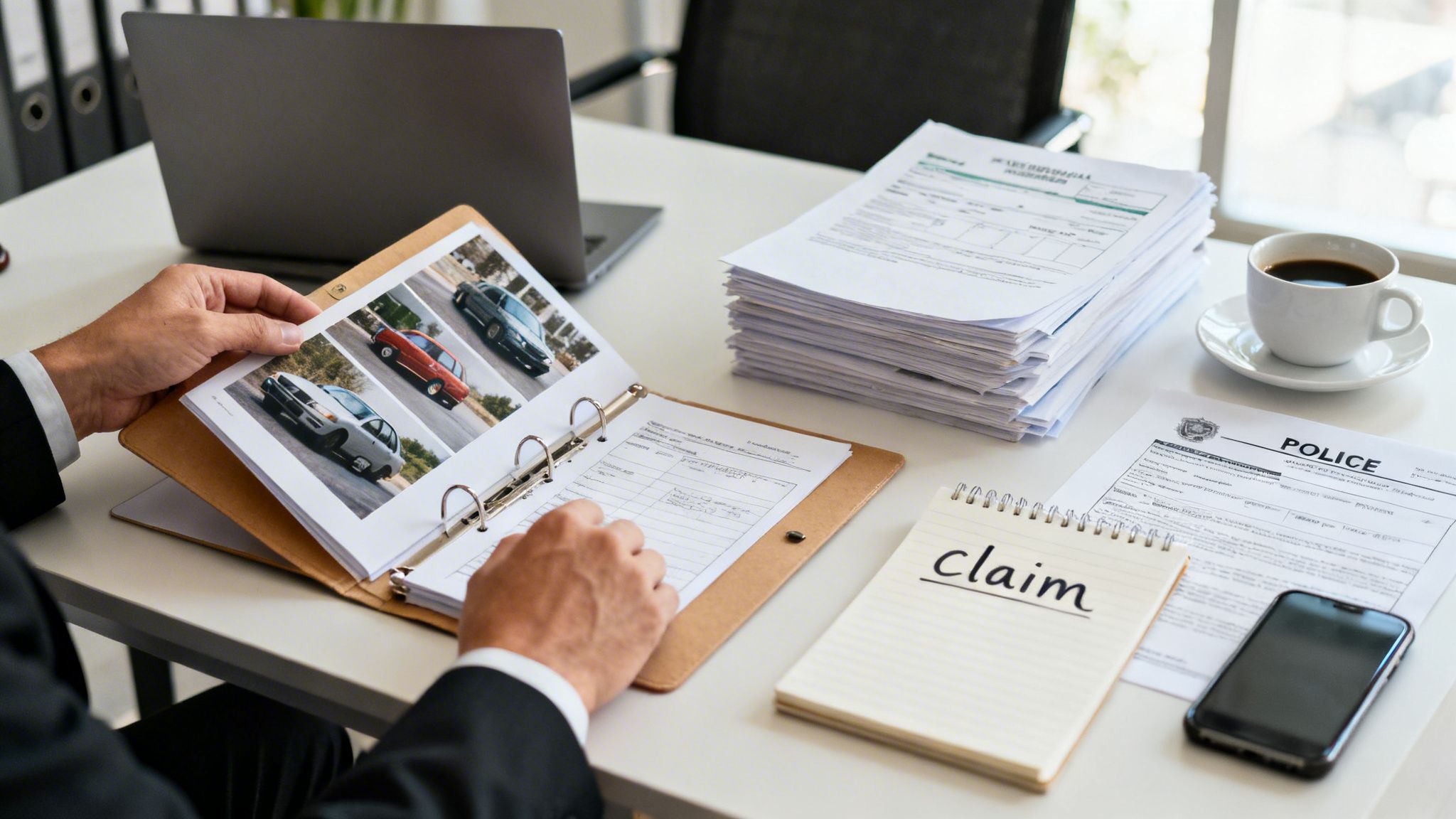 A person in a suit examines car photos in a binder on a desk with various claim documents and a police report.