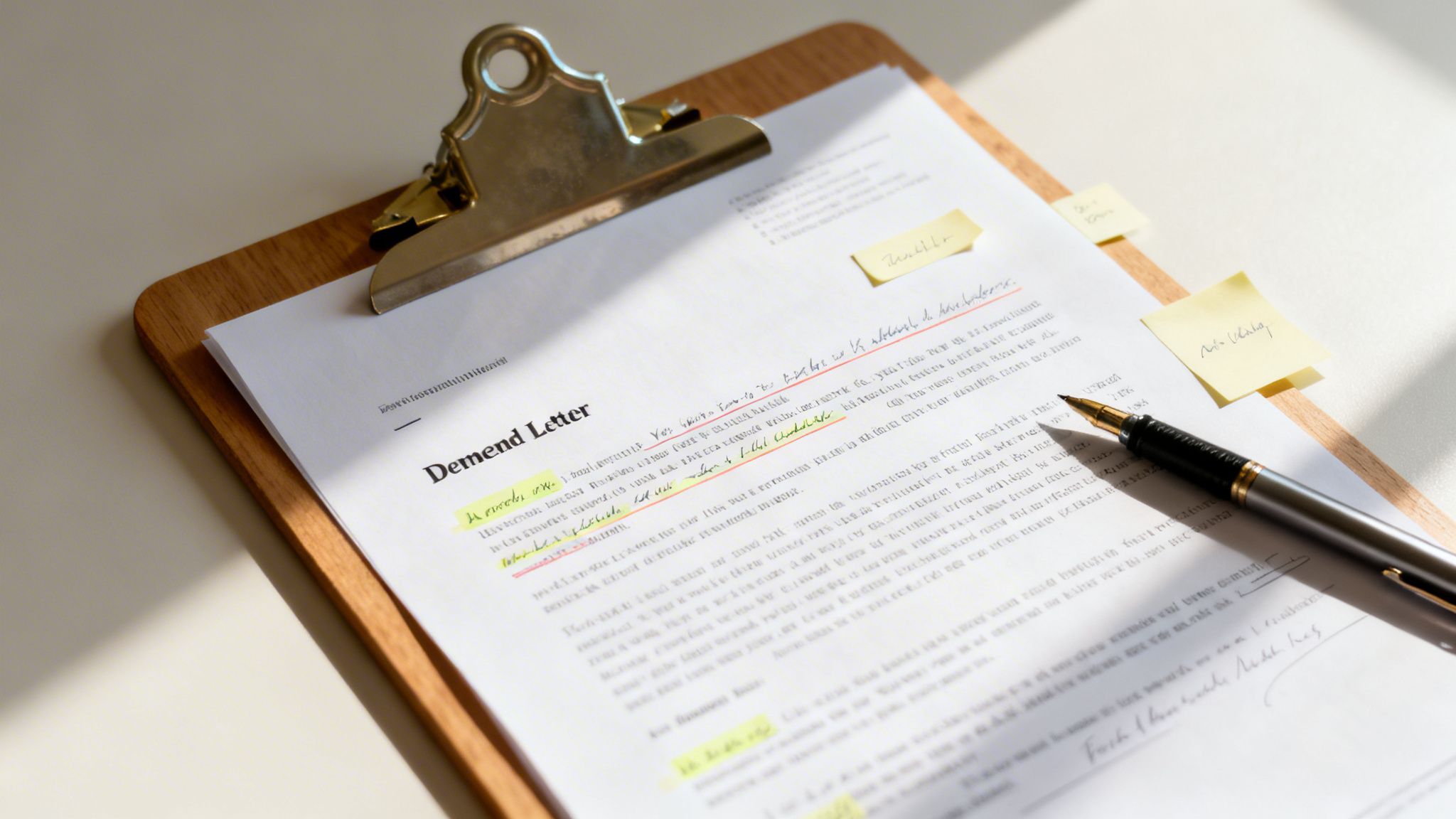 A detailed demand letter on a clipboard, highlighted and annotated with a pen and sticky notes.