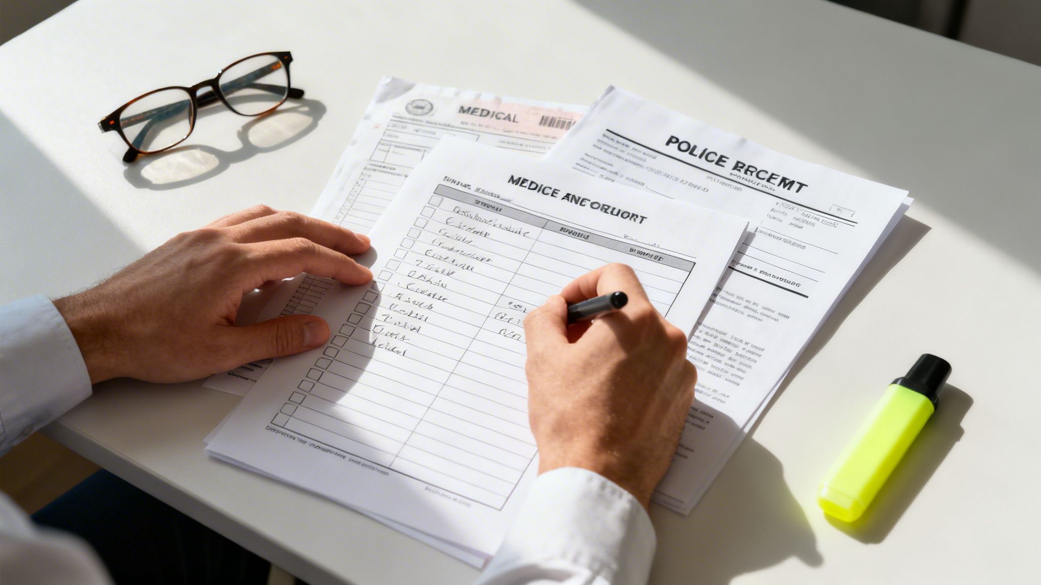 Close-up of a person writing on a medical form on a white desk with glasses.