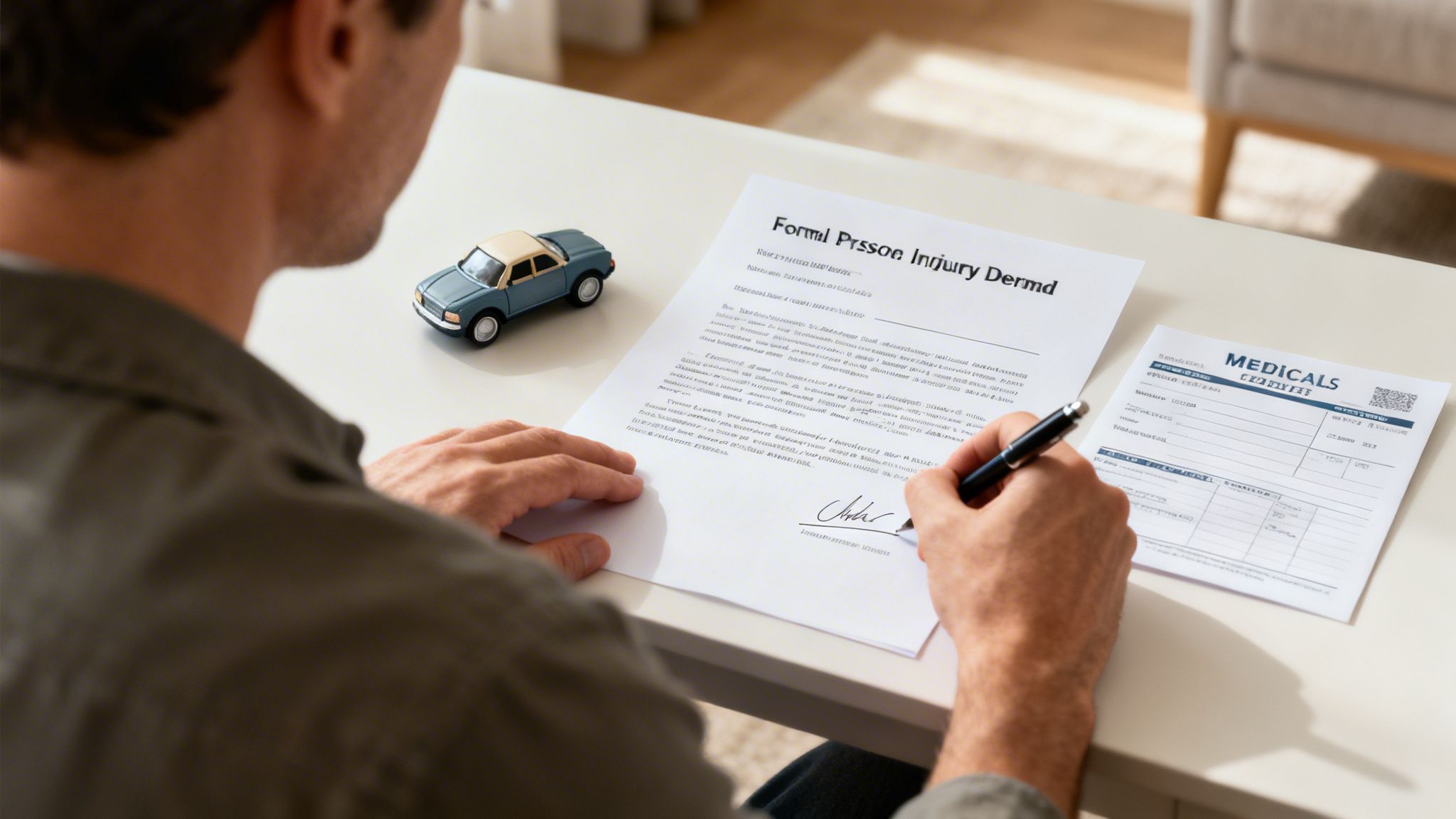 A person is signing a personal injury demand letter with a toy car and medical forms on the table.