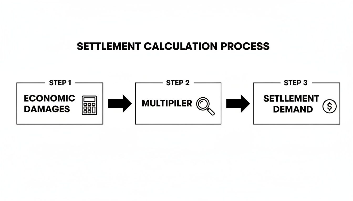 A three-step diagram showing the settlement calculation process from economic damages to settlement demand.
