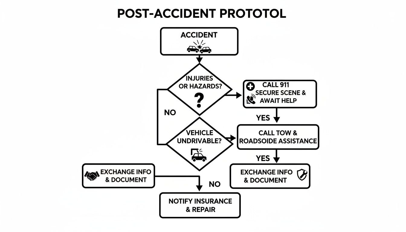 A detailed flowchart illustrating the post-accident protocol, guiding steps from initial assessment to insurance notification.