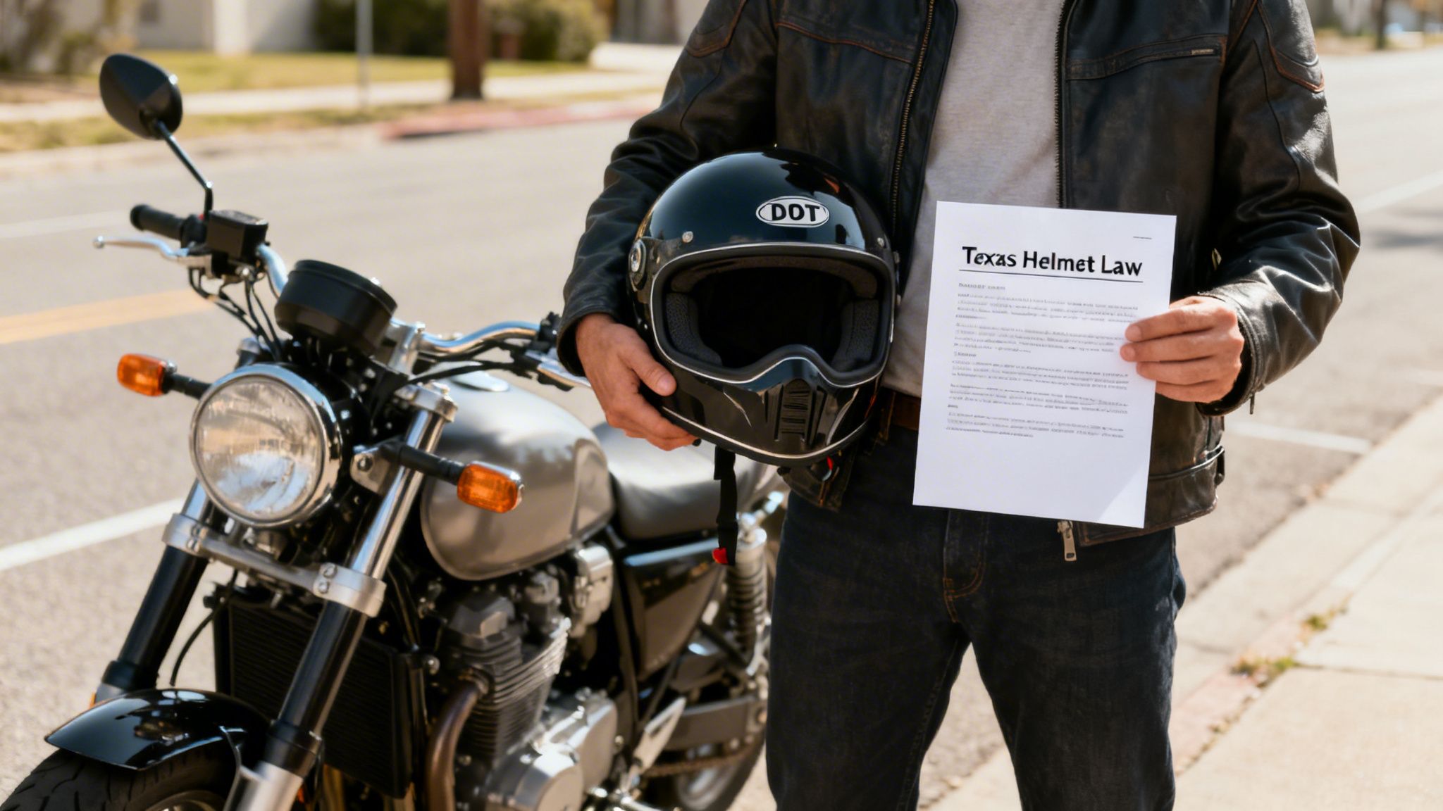 Man in leather jacket holds a motorcycle helmet and a 'Texas Helmet Law' document next to a motorcycle.