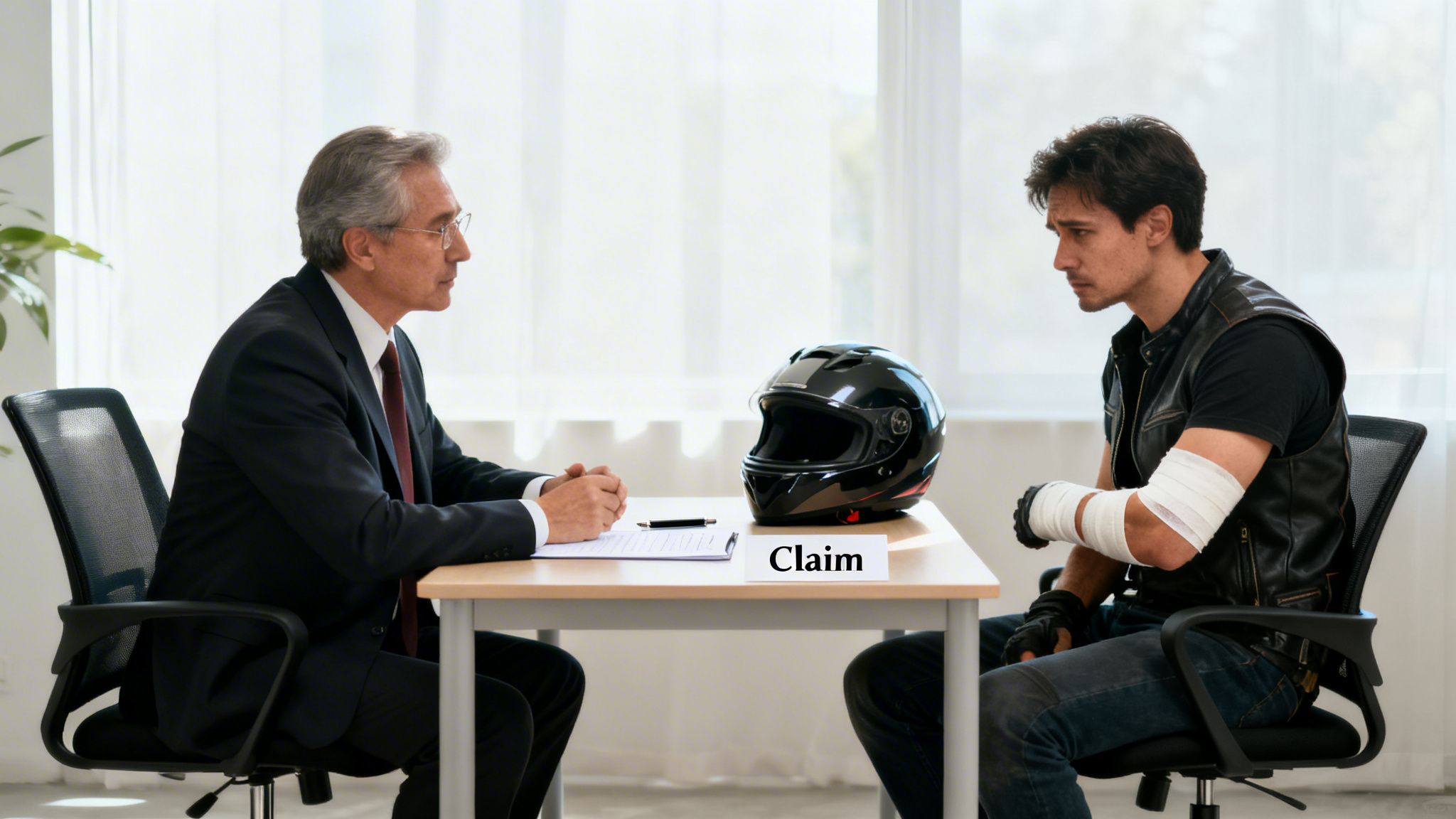 A lawyer consults with an injured motorcyclist about a claim, with a helmet on the table.