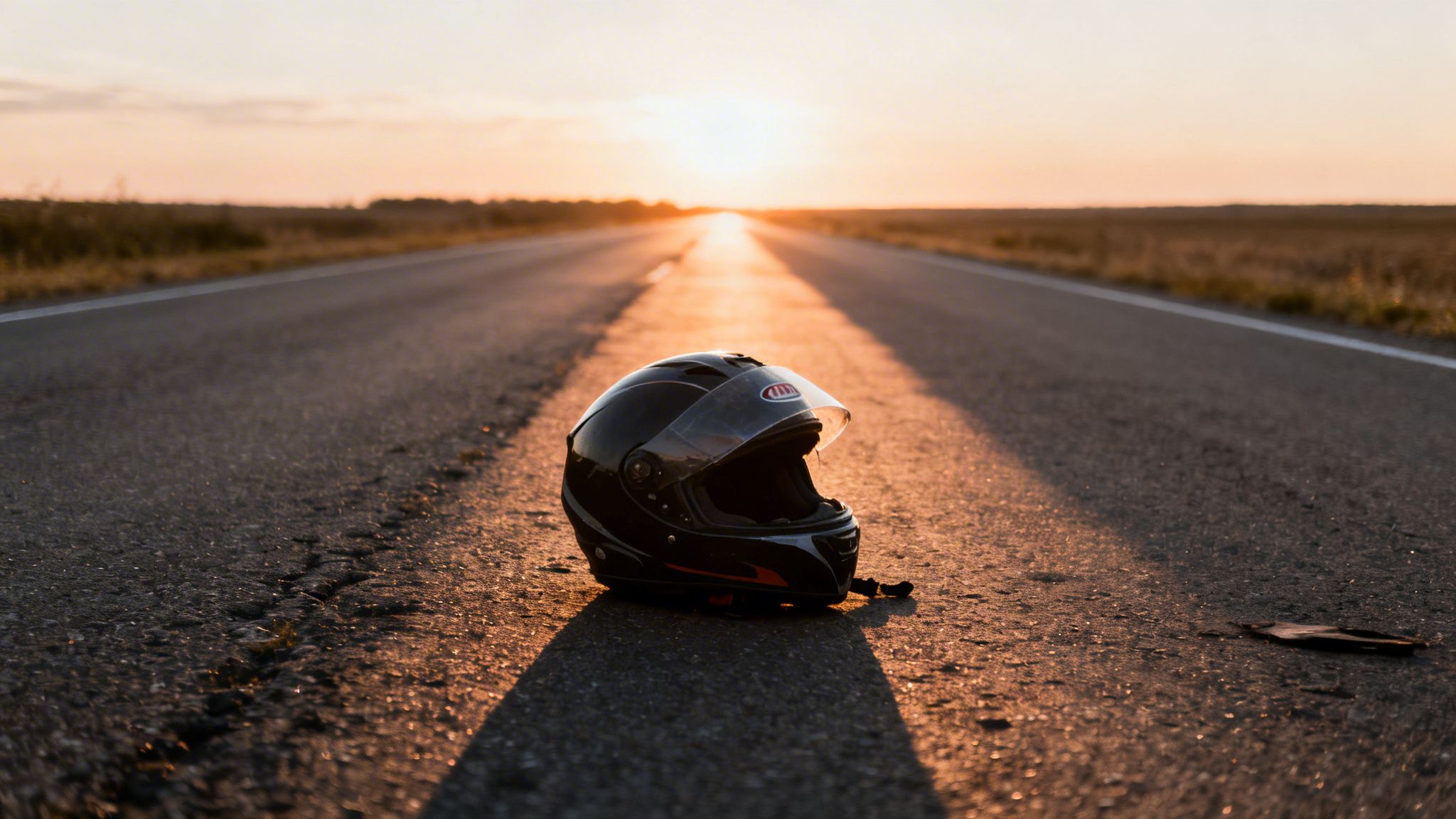 A black motorcycle helmet sits on an empty road, bathed in the golden light of a sunset.