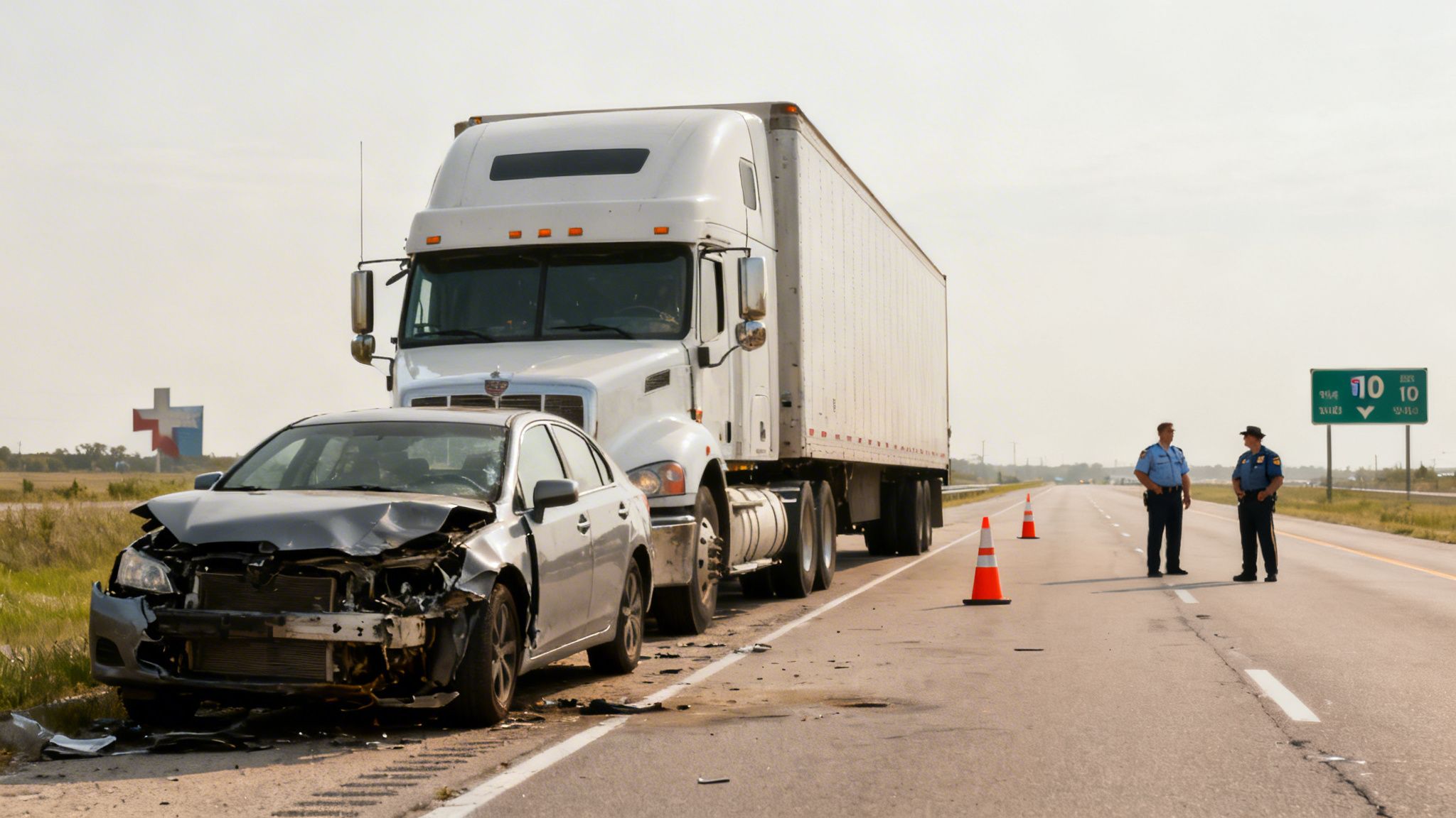 A gray car with severe front damage and a white semi-truck involved in a highway accident, with two officers and traffic cones.