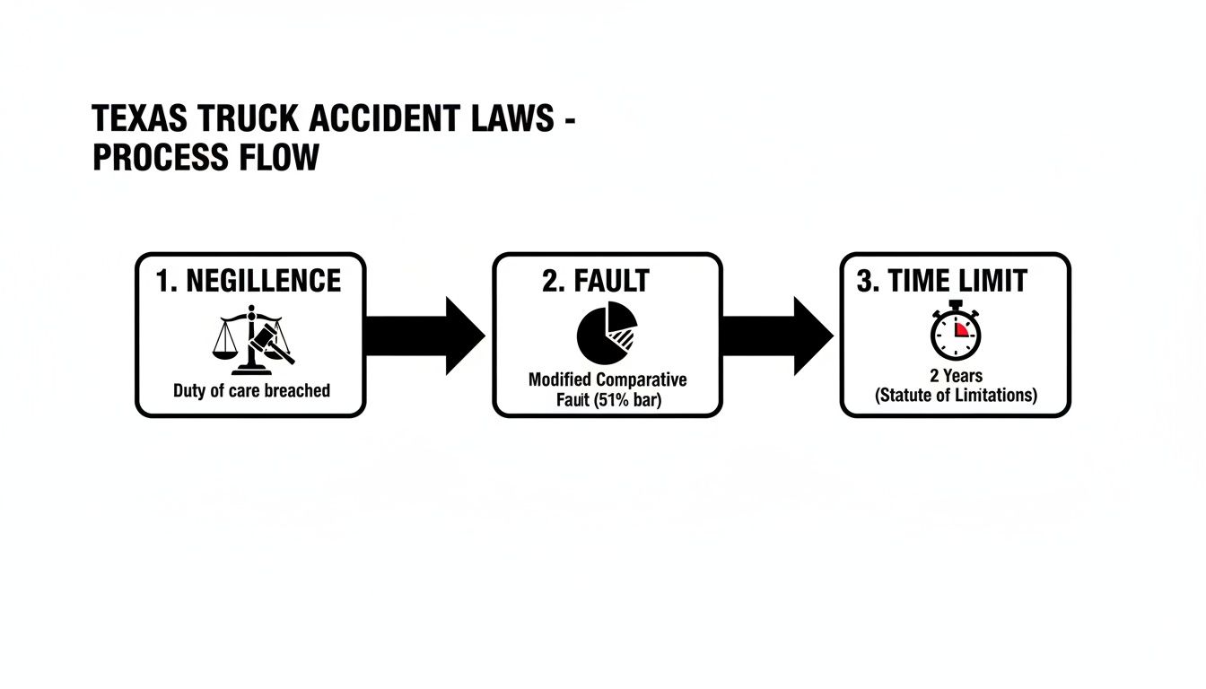 Flowchart illustrating Texas truck accident laws, covering negligence, modified comparative fault, and a two-year time limit.