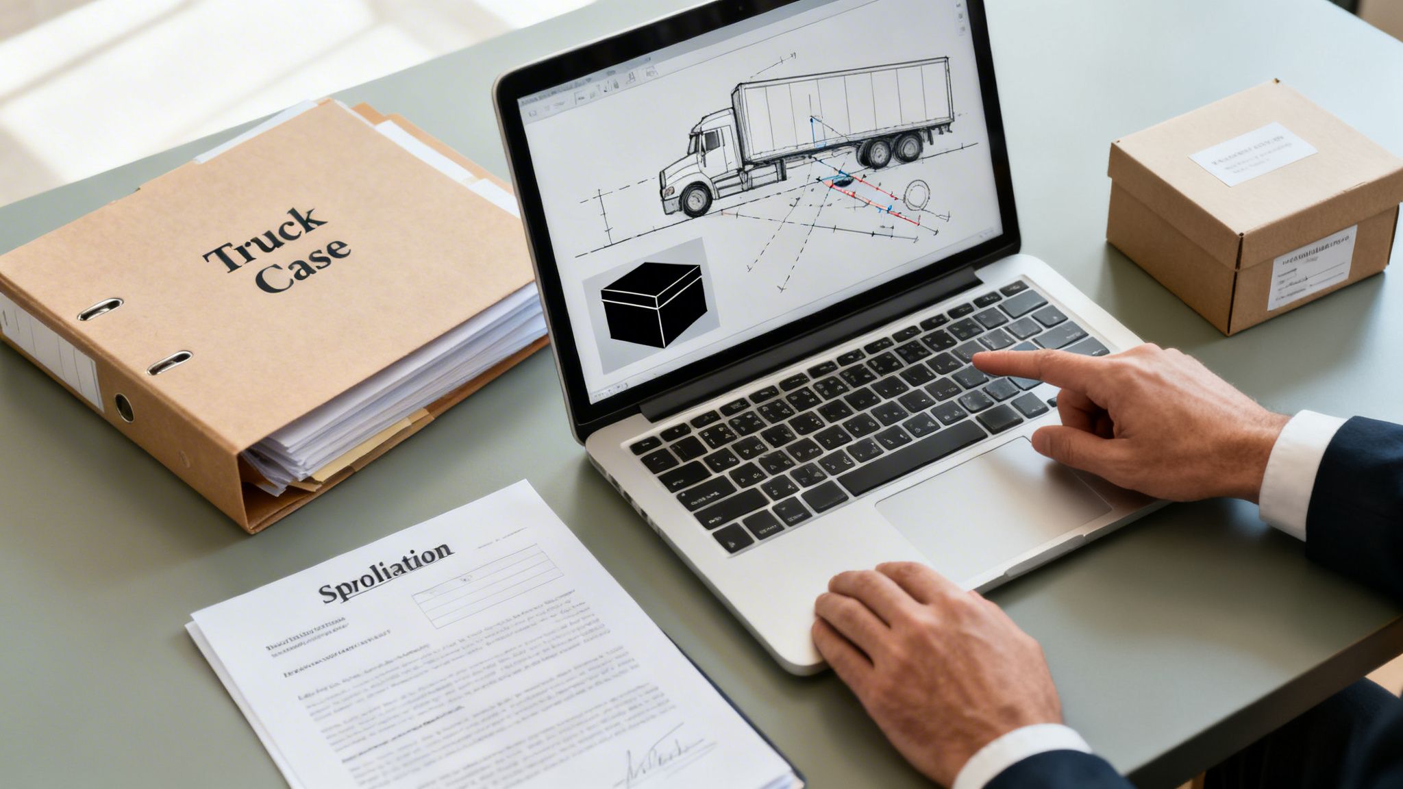 A person reviews truck accident diagrams on a laptop, with legal documents and binders on a desk.