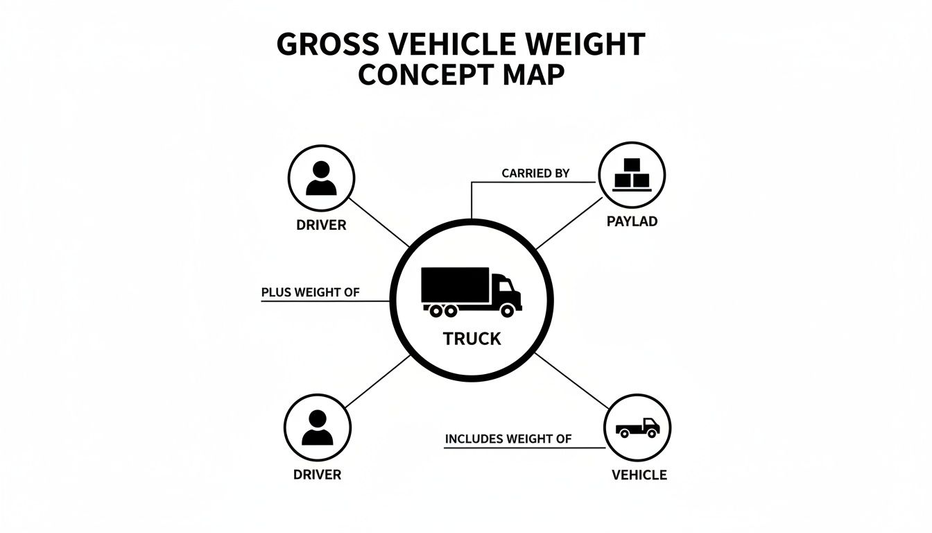 A concept map defines gross vehicle weight by showing its components: truck, driver, payload, and vehicle.