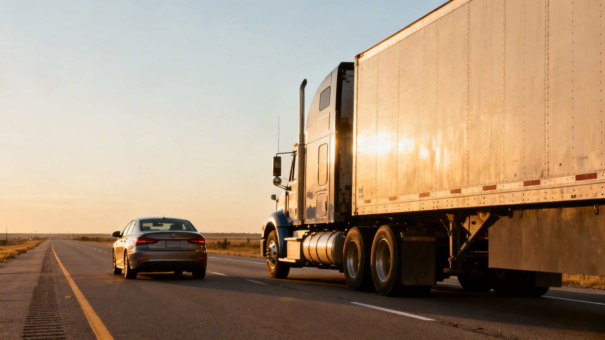 A large semi-truck and a car drive side-by-side on a highway at sunset.