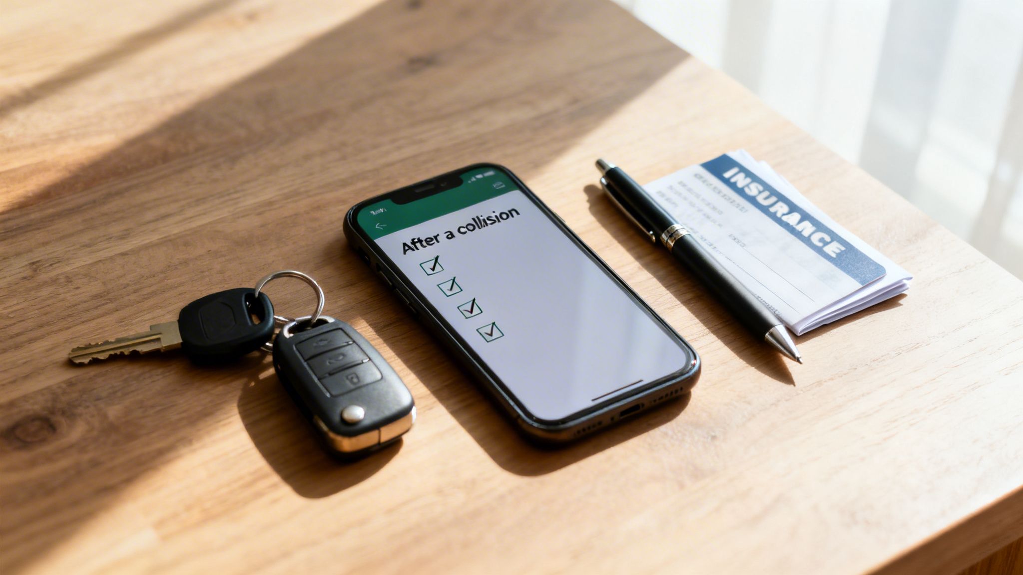 Smartphone displaying a collision checklist, car keys, pen, and insurance document on a wooden table.