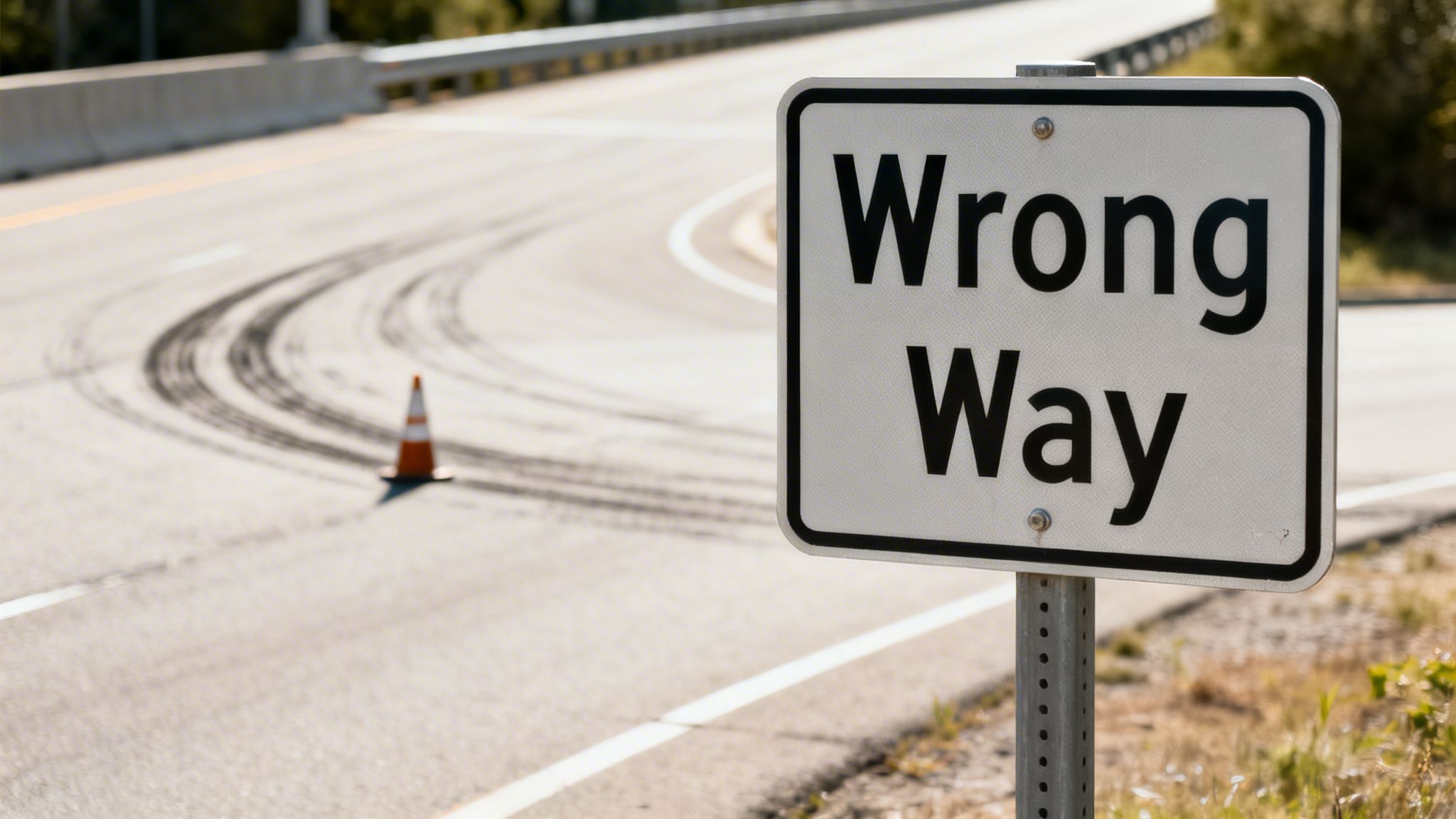 A white 'Wrong Way' sign on a post beside a road with tire marks and an orange cone.