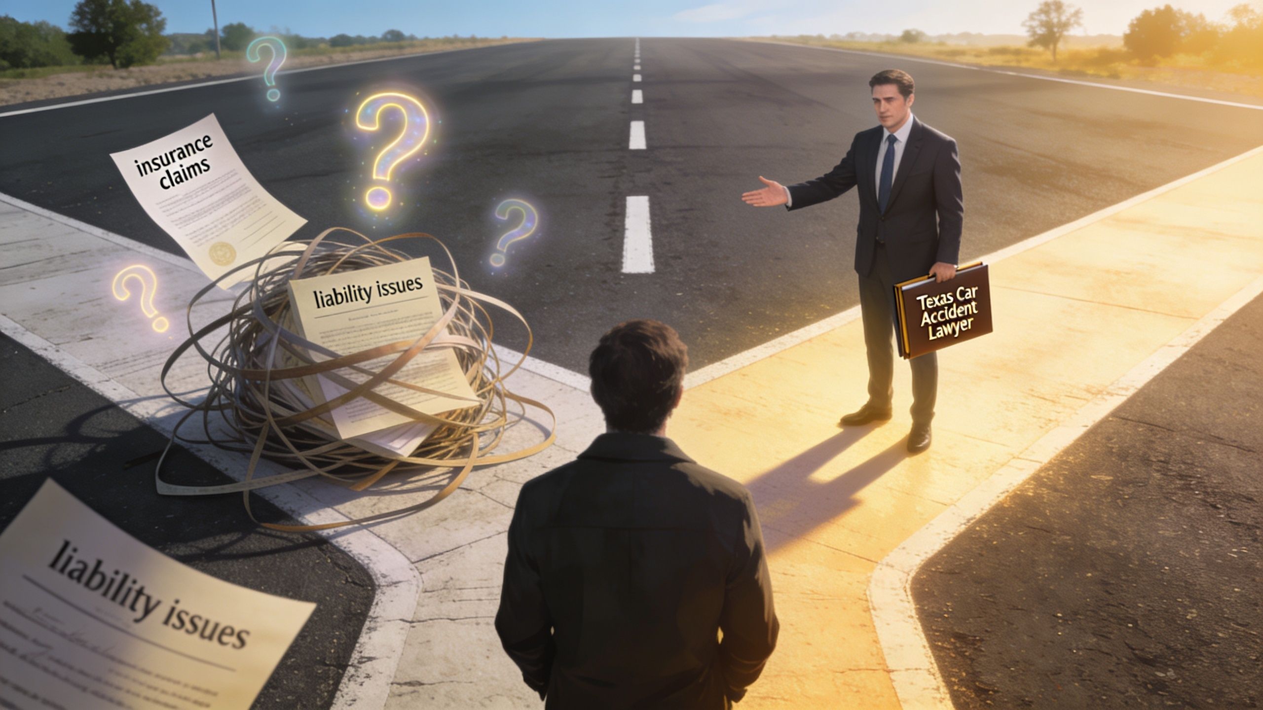 A man stands on a road between legal documents and a Texas car accident lawyer offering guidance.