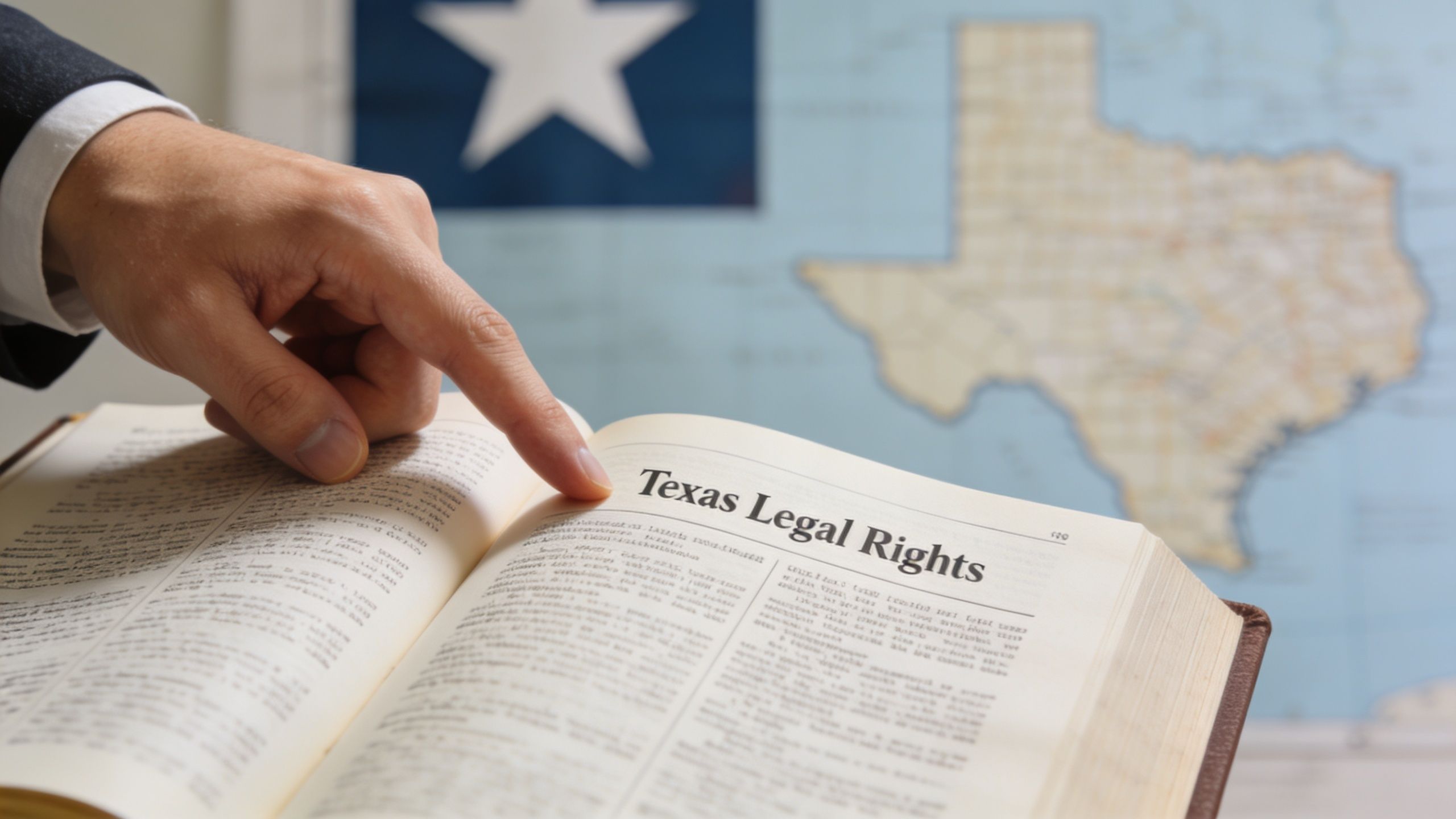 A hand pointing at the words Texas Legal Rights in a book with a Texas map background.