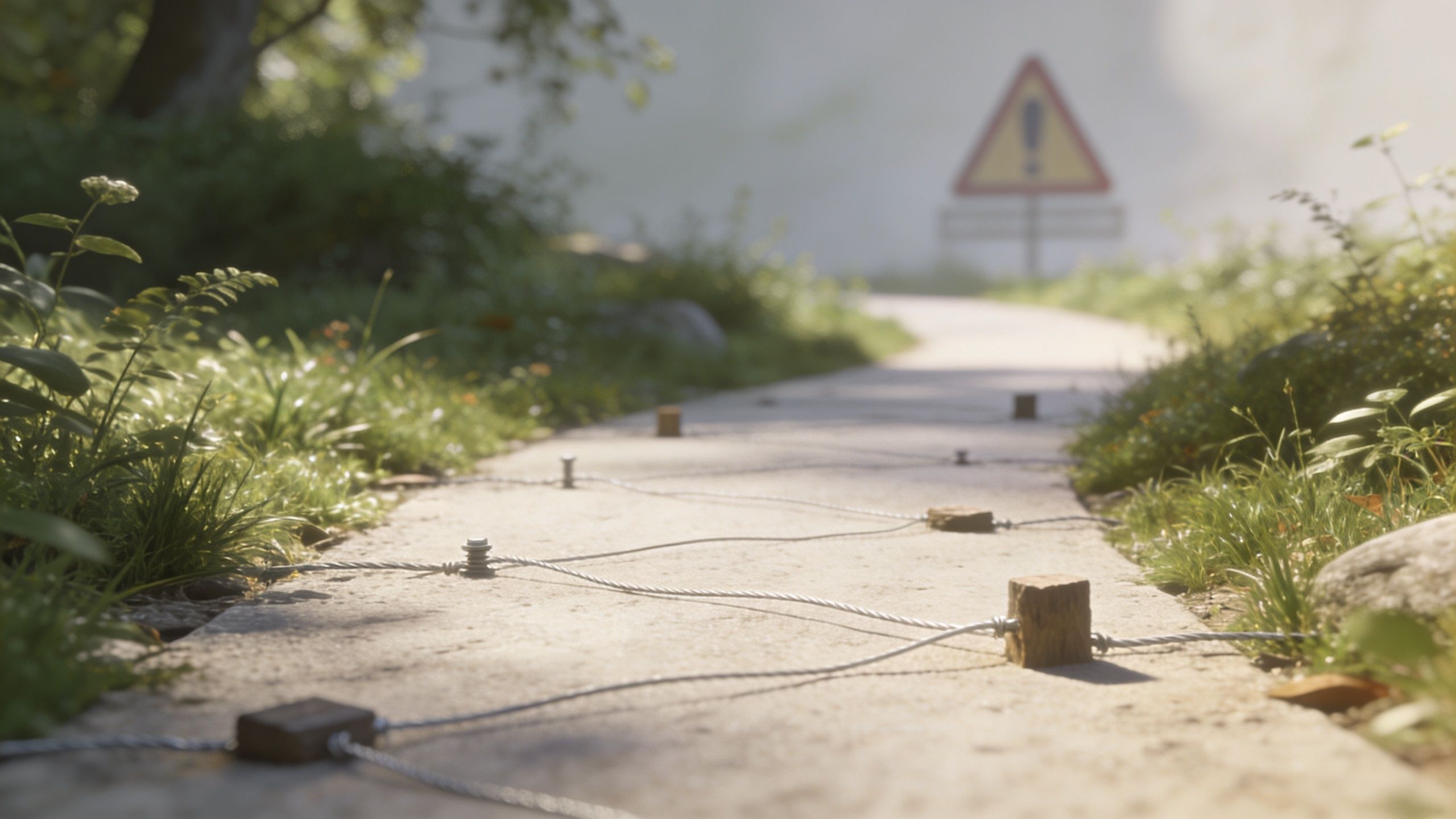 A warning sign stands on a path with metal wires stretching across the concrete surface outdoors.