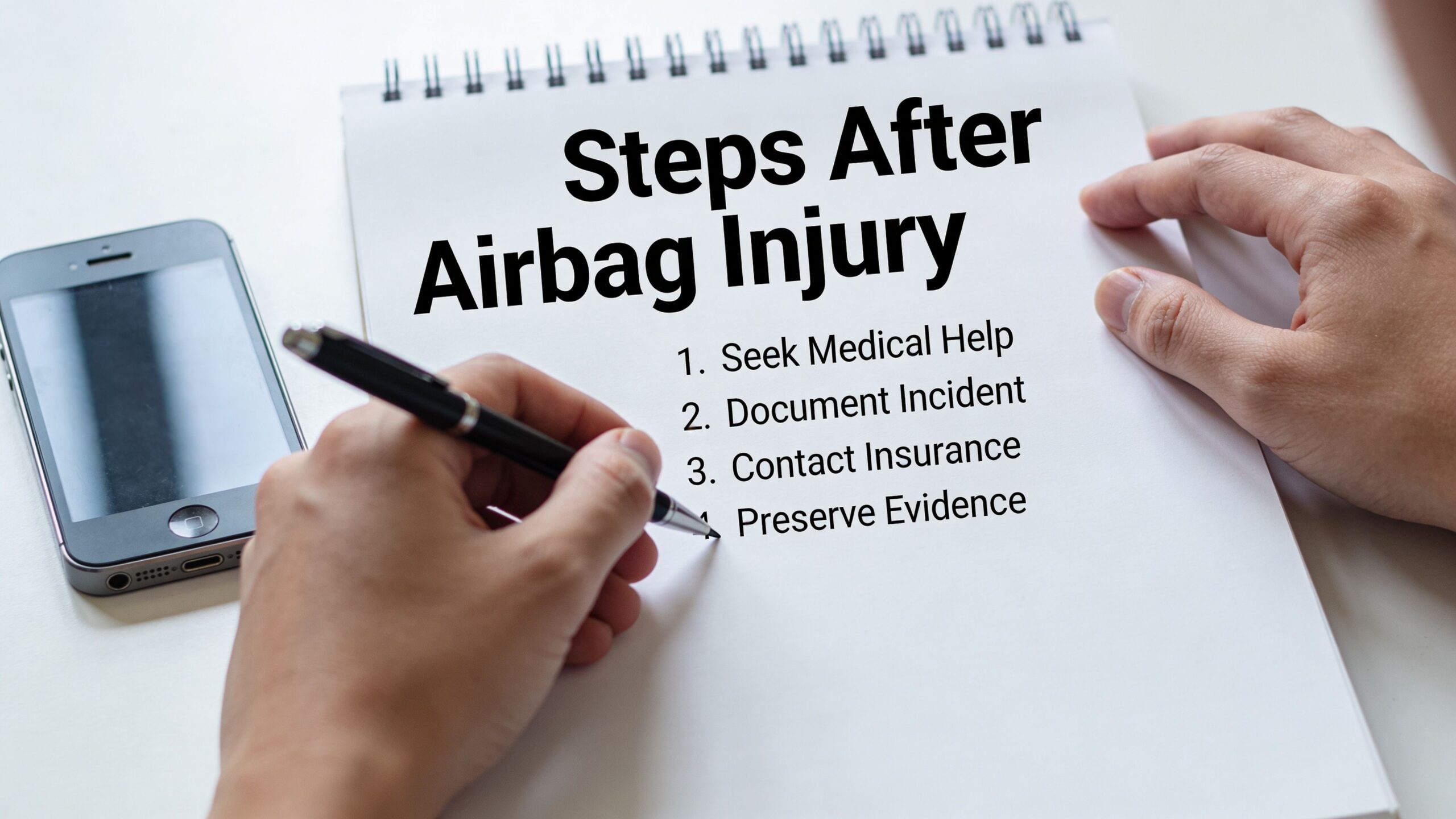 A person writing a list of steps to follow after an airbag injury on a notepad.
