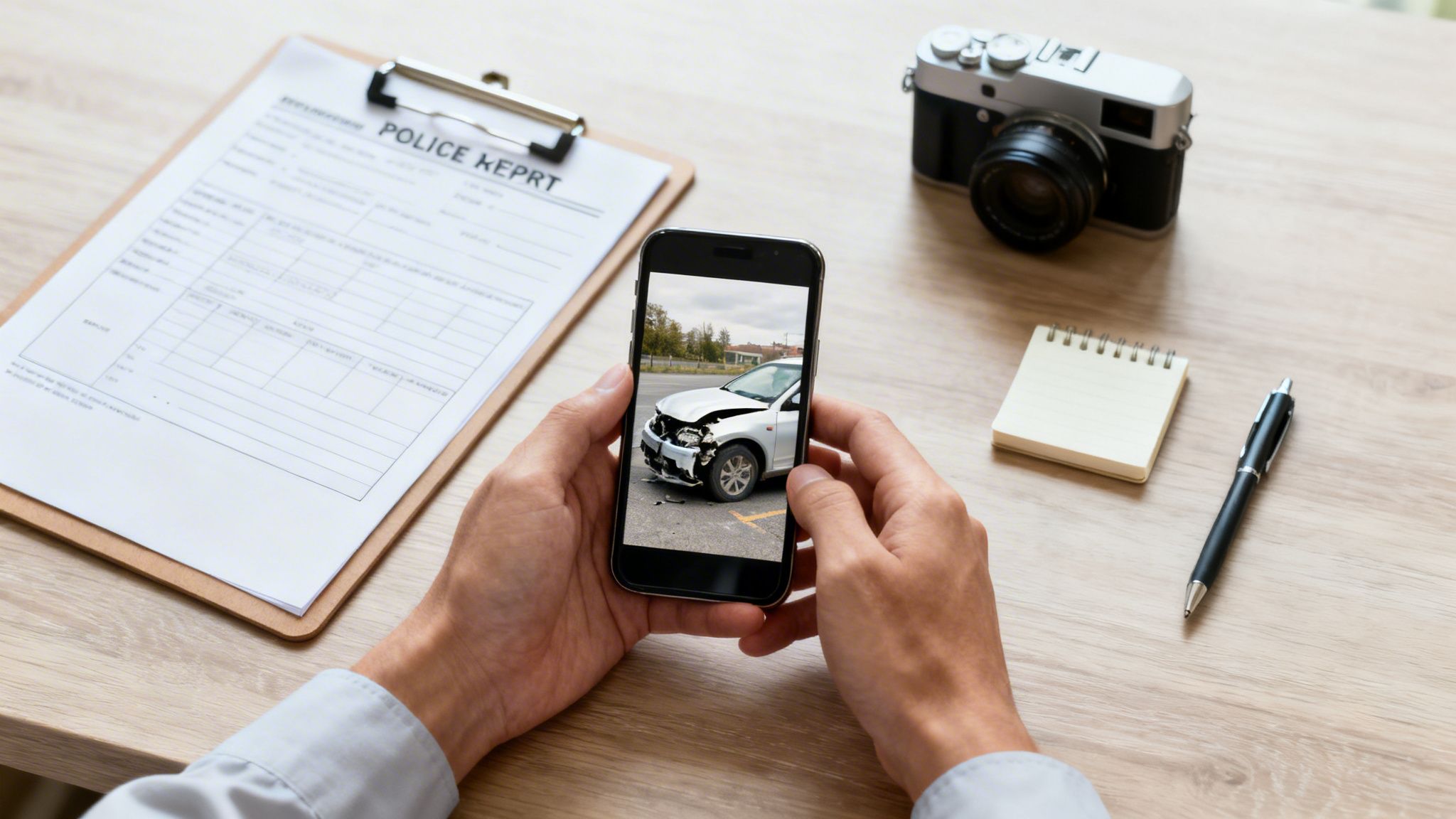 Person holding smartphone with a crashed car image, police report, and camera on desk.