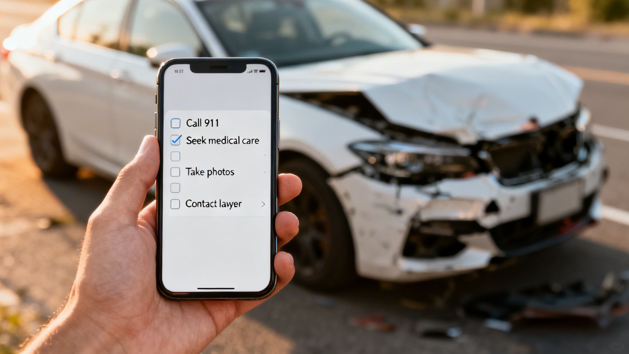 A person holds a smartphone with a post-car accident checklist, 'Seek medical care' checked, a damaged white car is in the background.