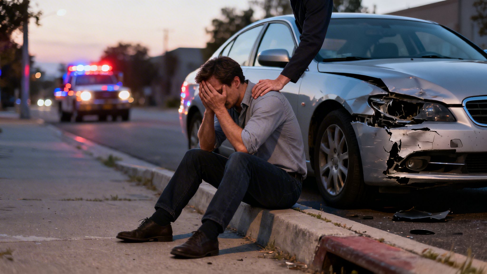 Distressed man sits by a wrecked car after an accident, comforted by another, with police lights.