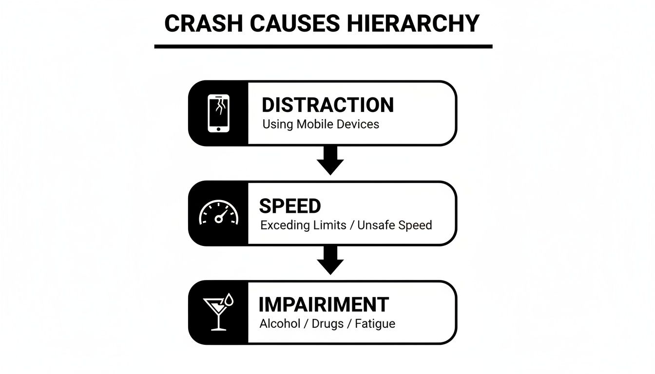 Hierarchy of crash causes listing distraction, speed, and impairment with their respective icons.