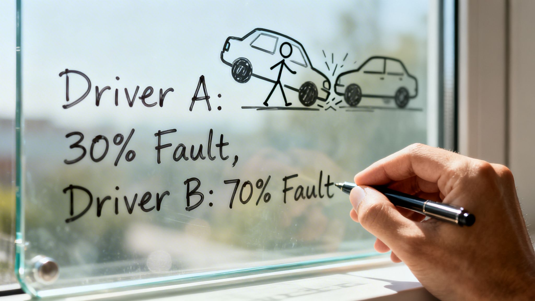 A hand writes fault percentages for two drivers on a glass board illustrating a car accident.