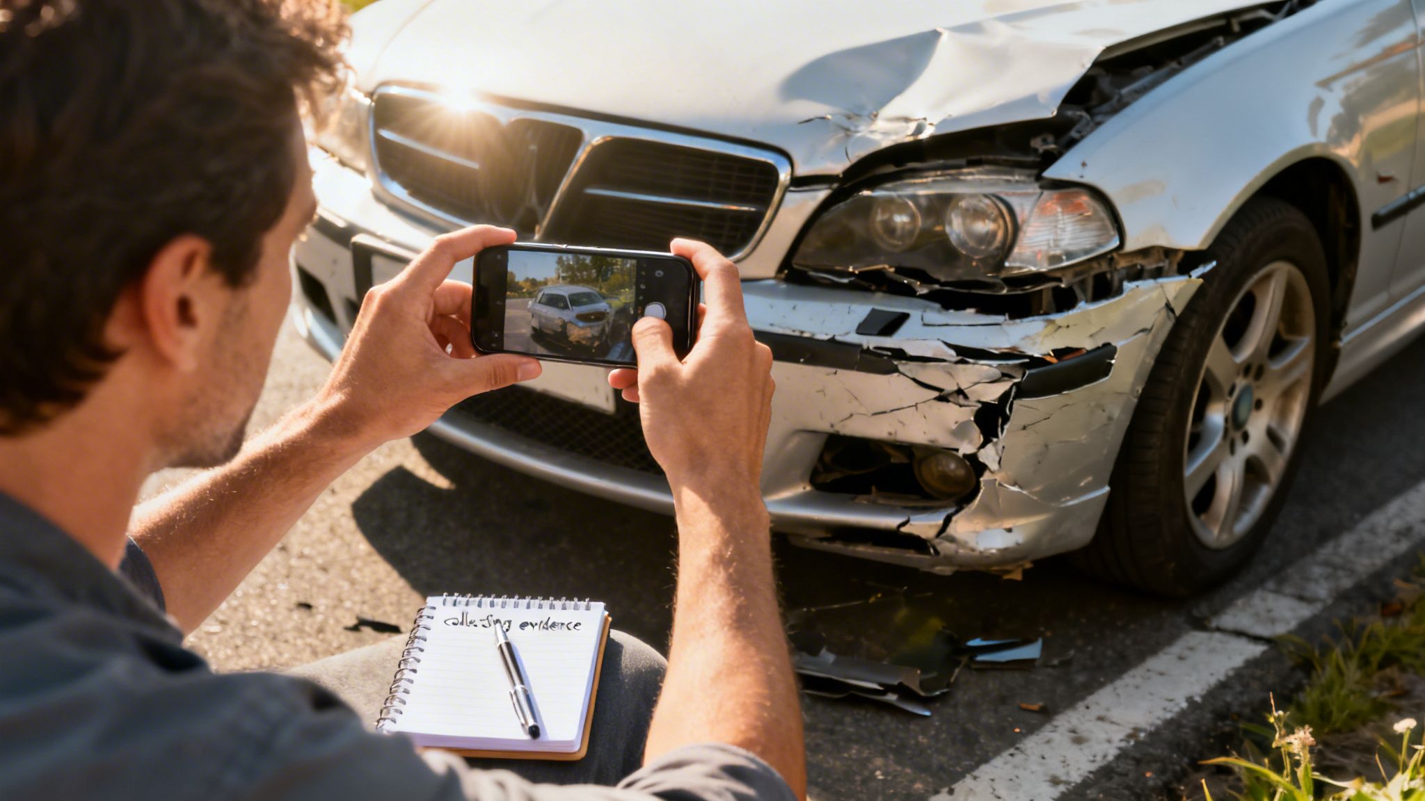 A man documenting car accident damage by taking a photo with his smartphone and writing in a notebook.