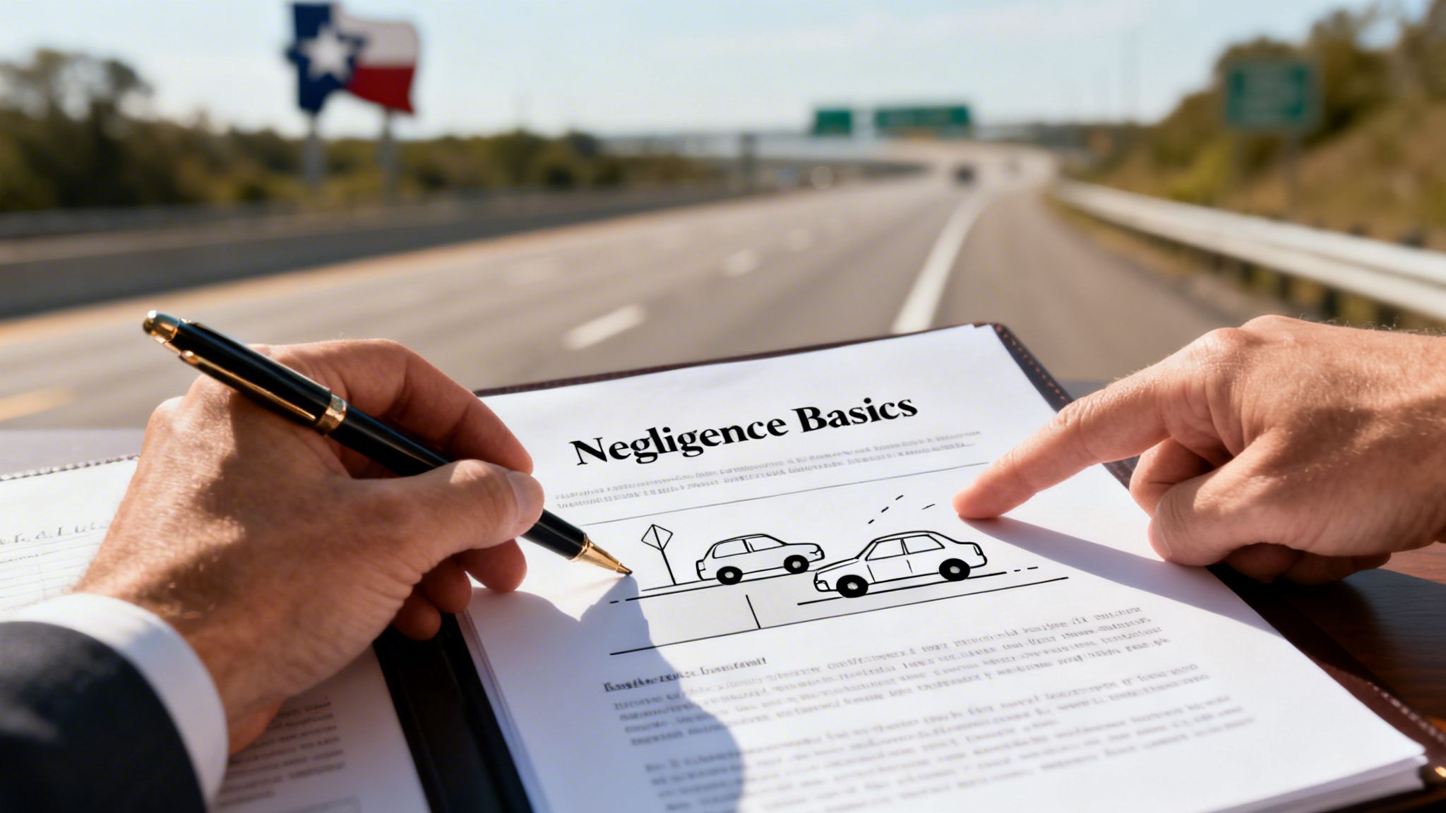 A professional analyzing a legal document about negligence basics while overlooking a highway in Texas.