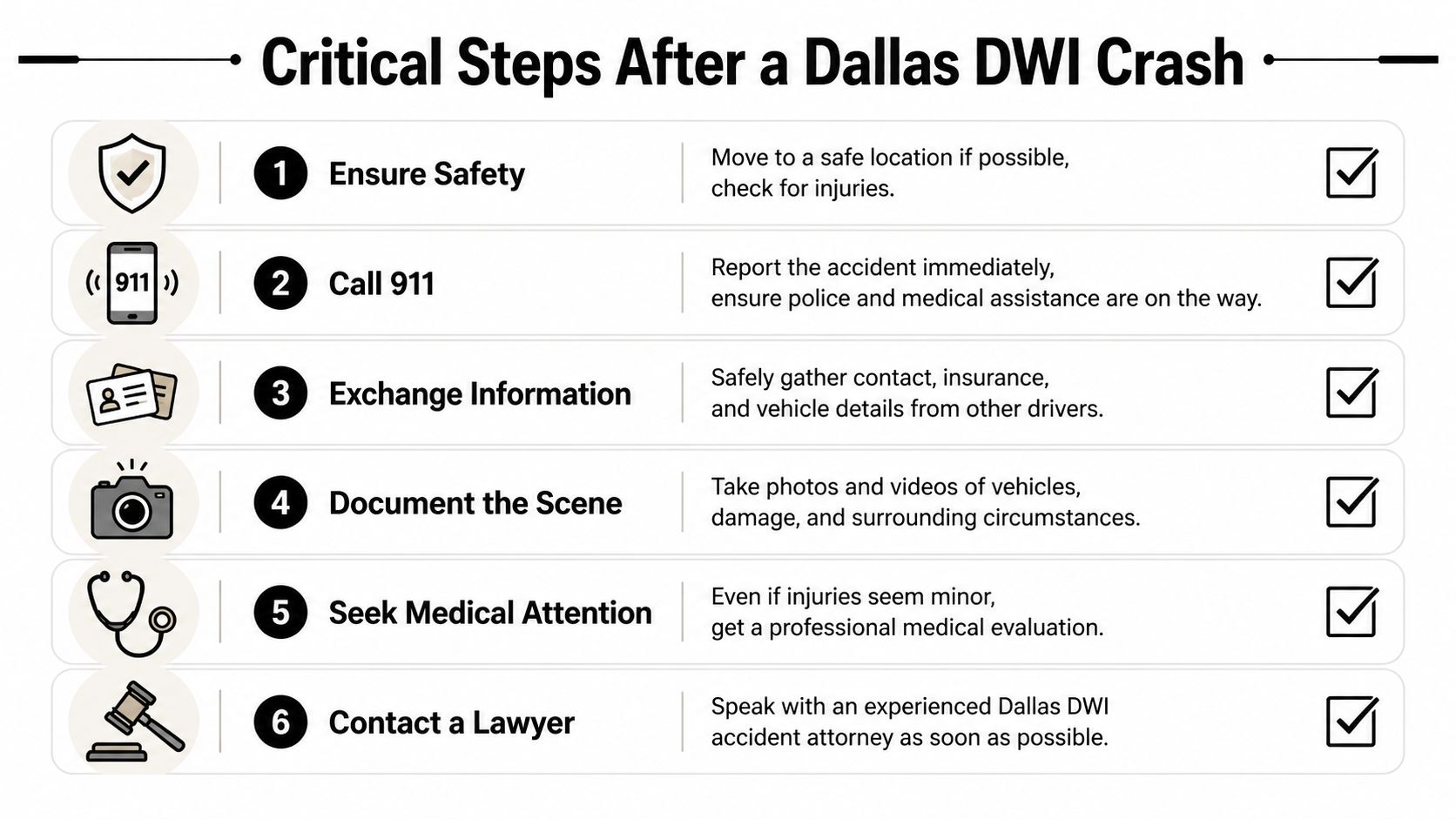 A checklist showing six essential steps to take following a DWI vehicle accident in Dallas, Texas.