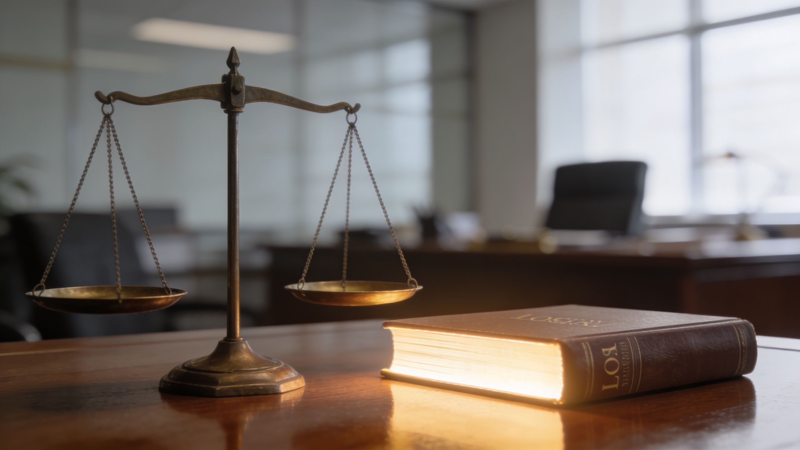 A set of brass scales of justice next to a glowing law book on a wooden desk.