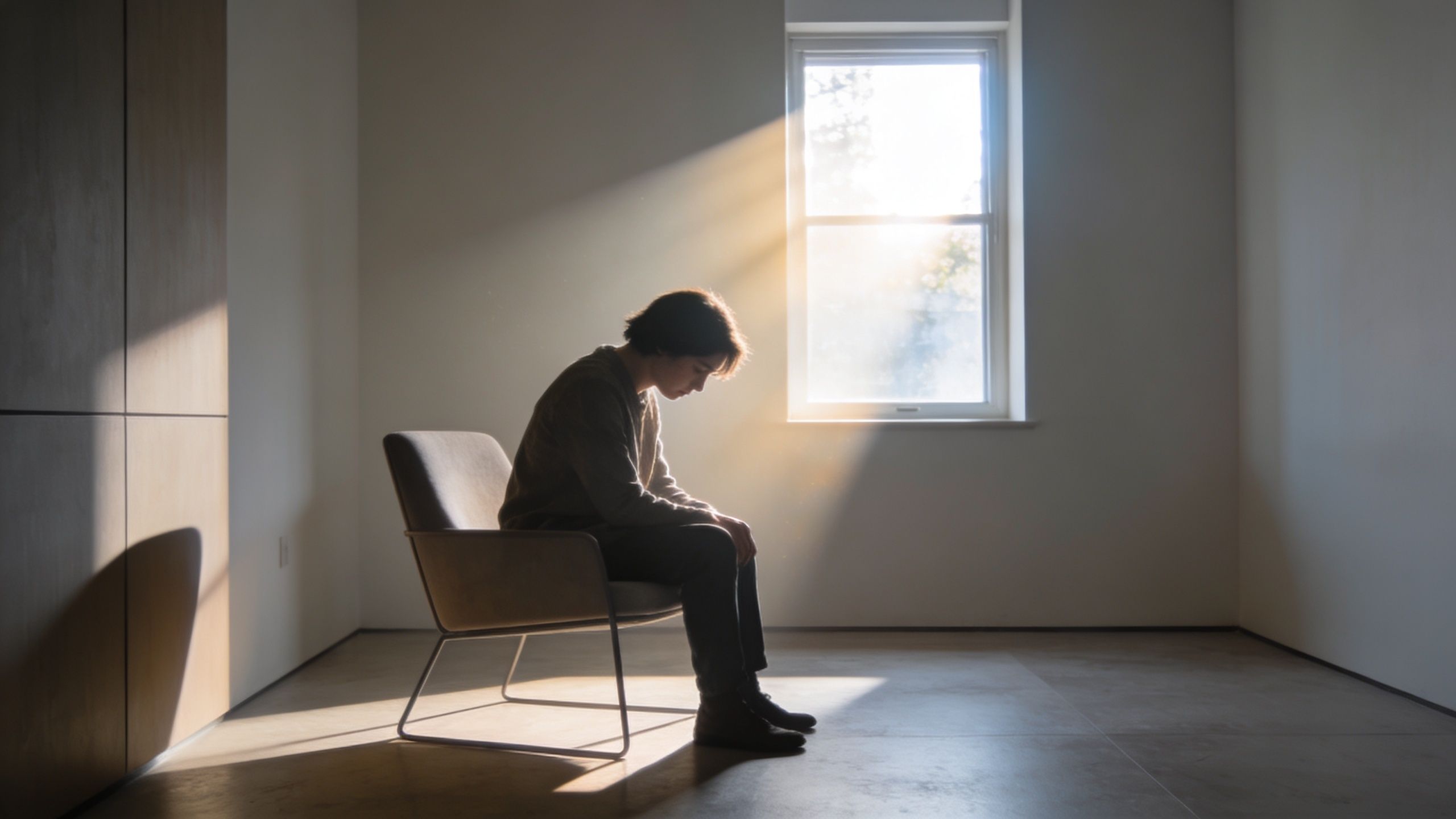 A sad person sitting alone in a dimly lit room, illuminated by a single beam of sunlight.