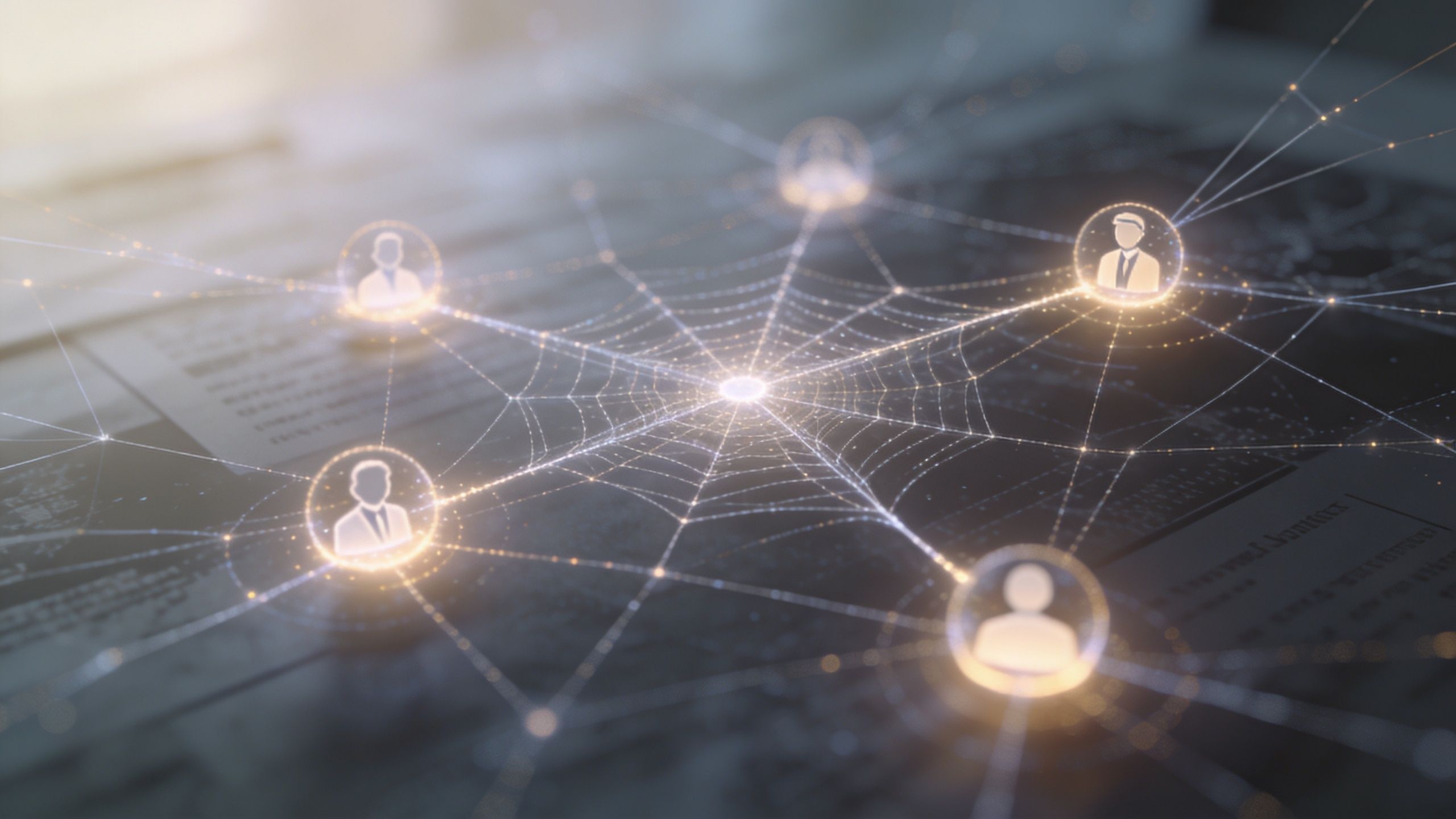 A digital graphic showing glowing human network icons connected by a spiderweb pattern over a dark background.