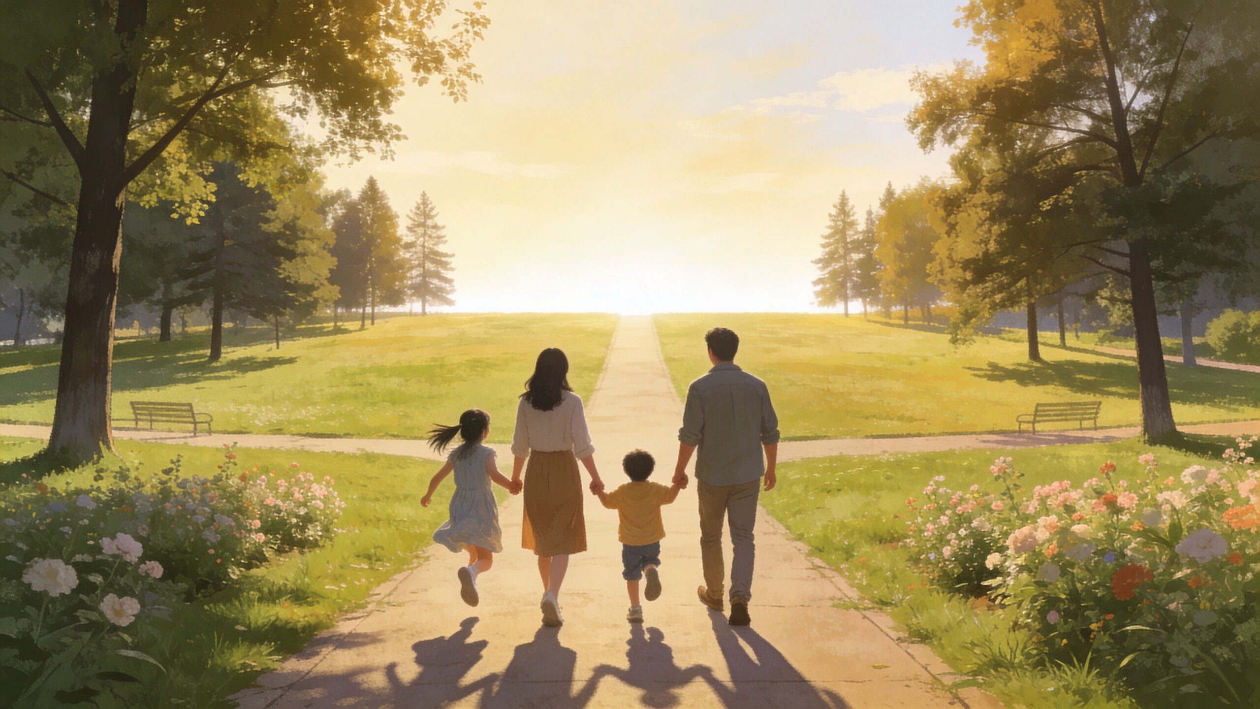 A happy family of four holding hands while walking along a sunlit pathway in a park.