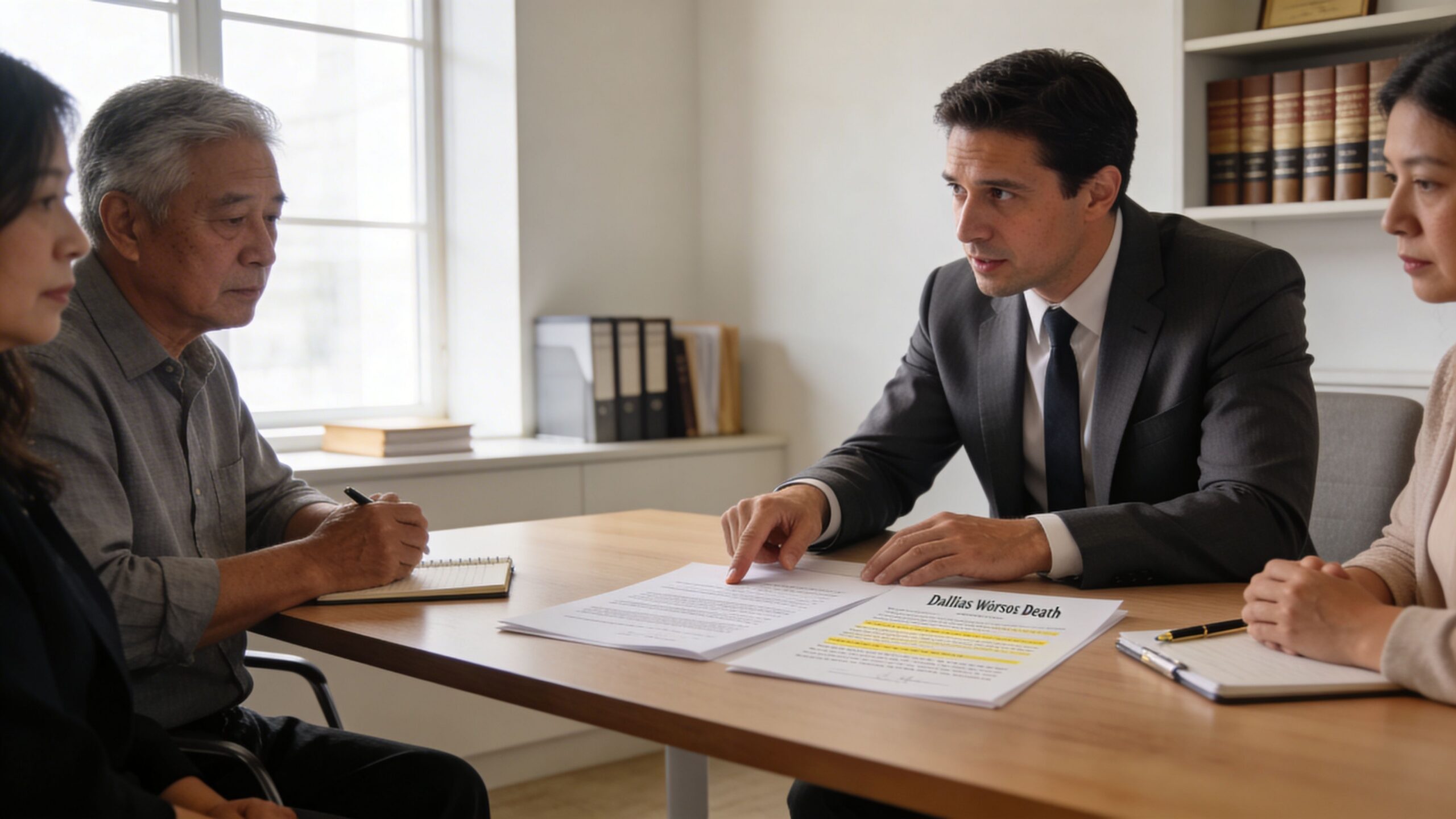 A professional attorney discussing legal documents about a Dallas wrongful death case with an elderly couple.