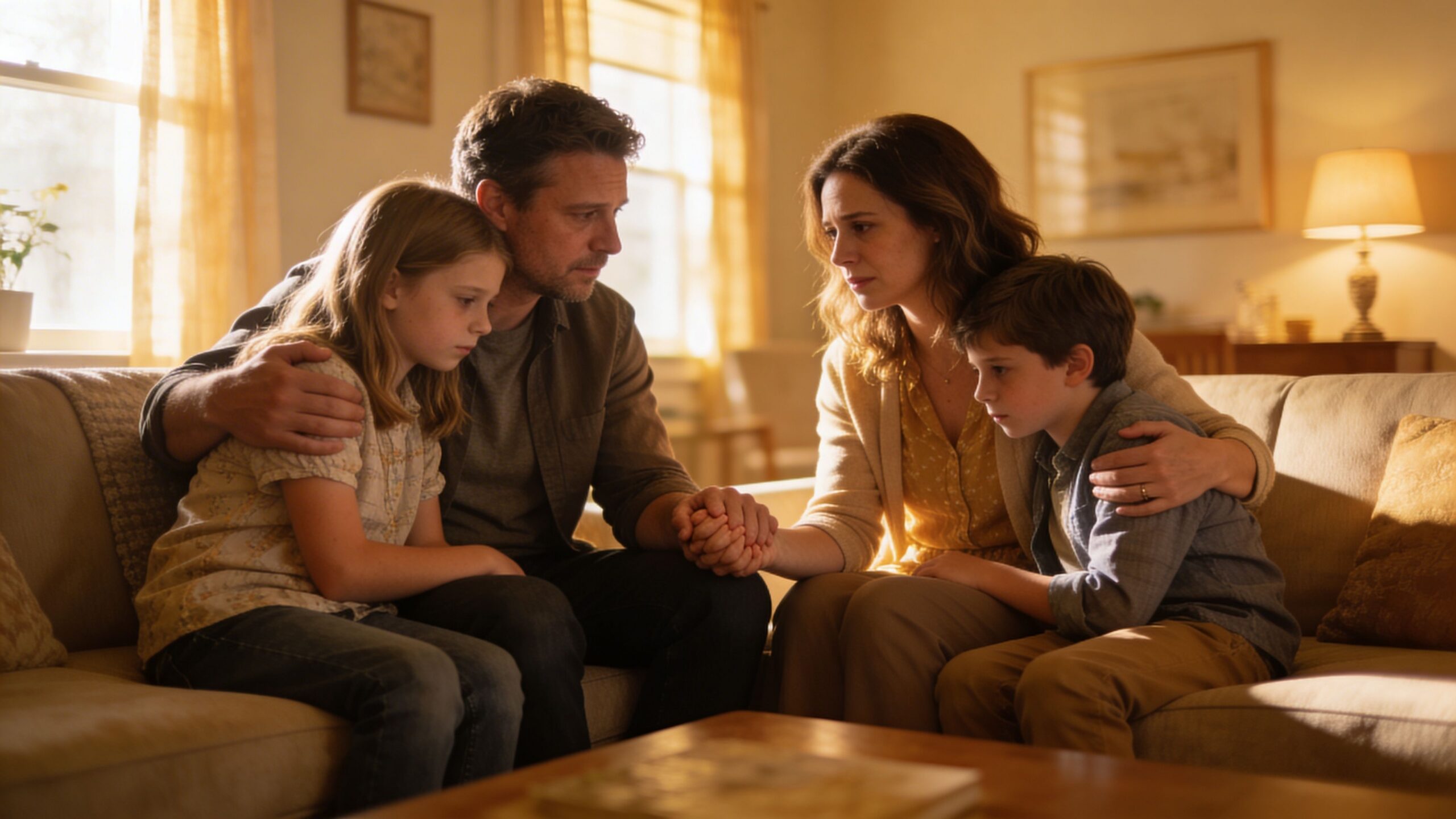 A concerned family sitting on a couch holding hands while appearing sad and supportive of each other.