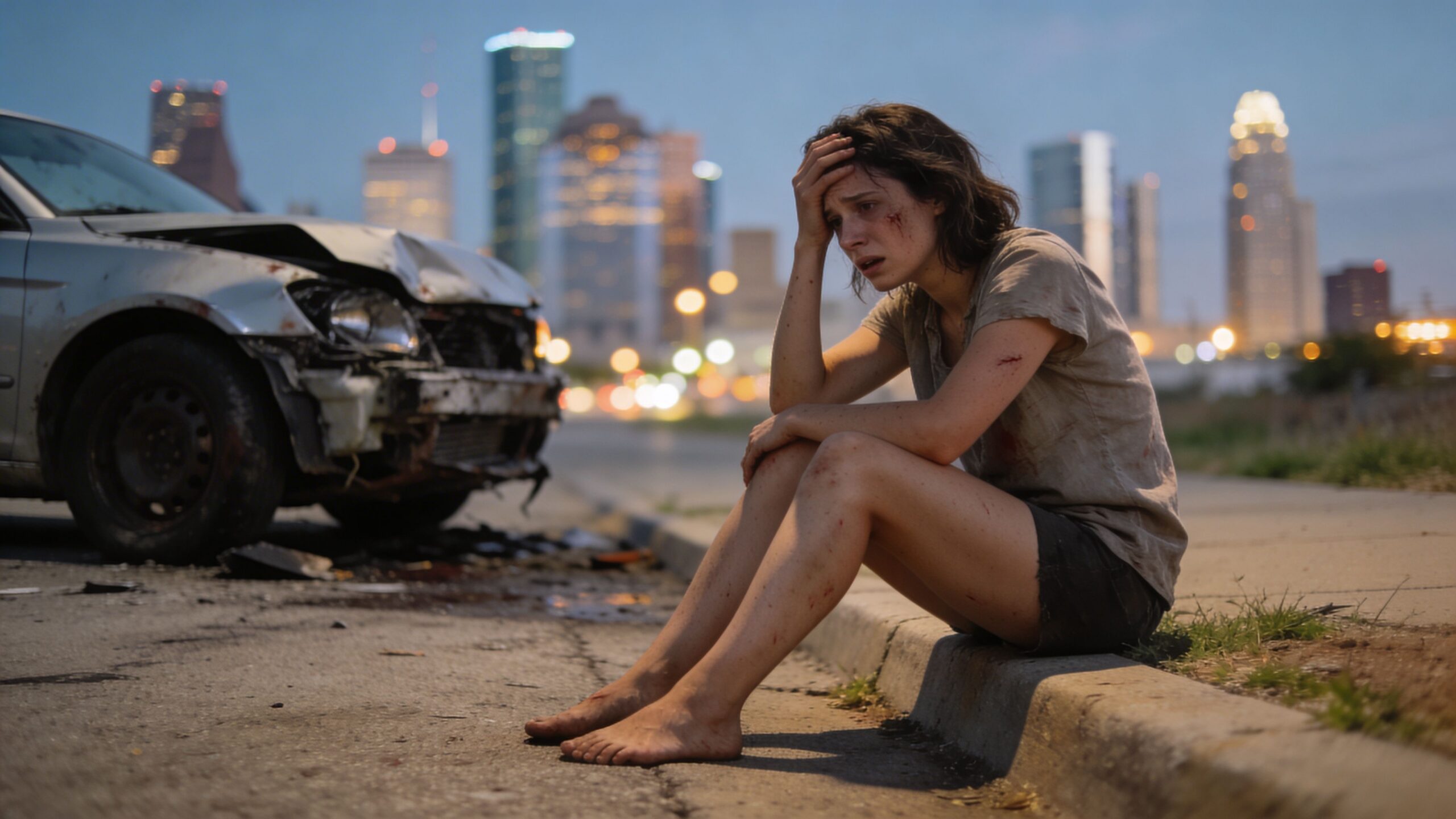 A distressed woman sitting on the roadside next to a wrecked car in a city at dusk.