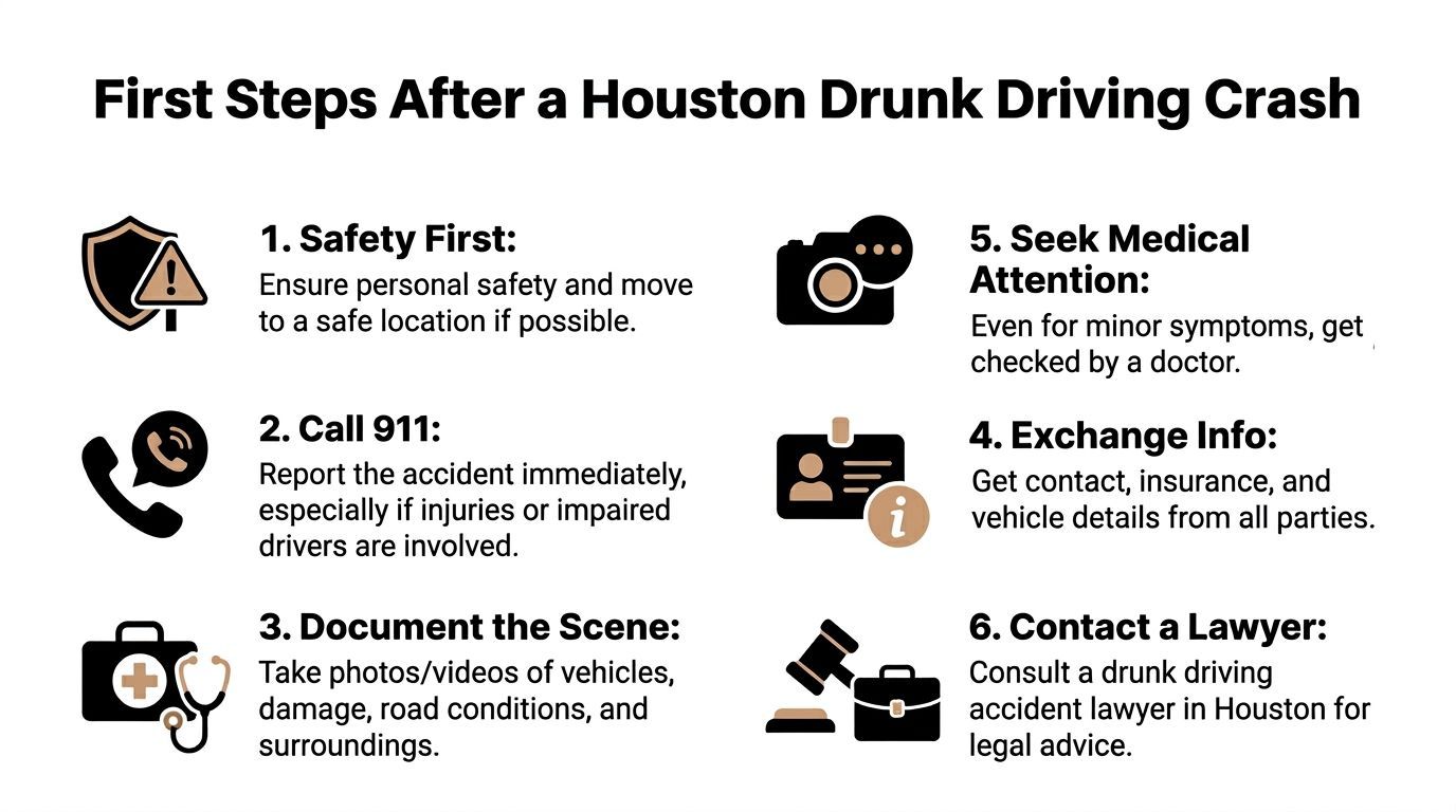 A checklist infographic outlining six essential steps to take after being involved in a Houston drunk driving accident.