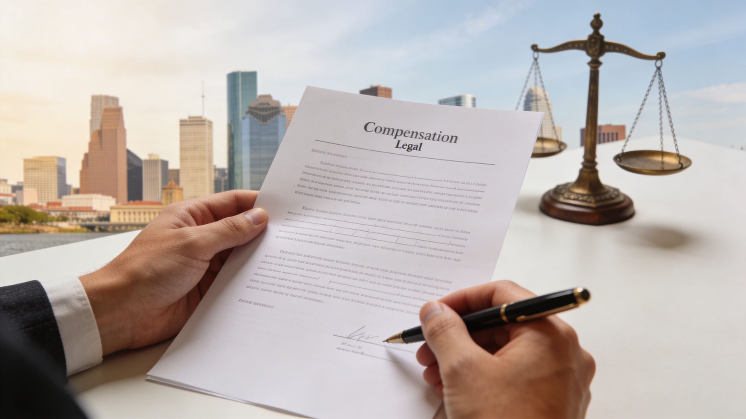 A person signing a legal compensation document with a city skyline and scales of justice background.