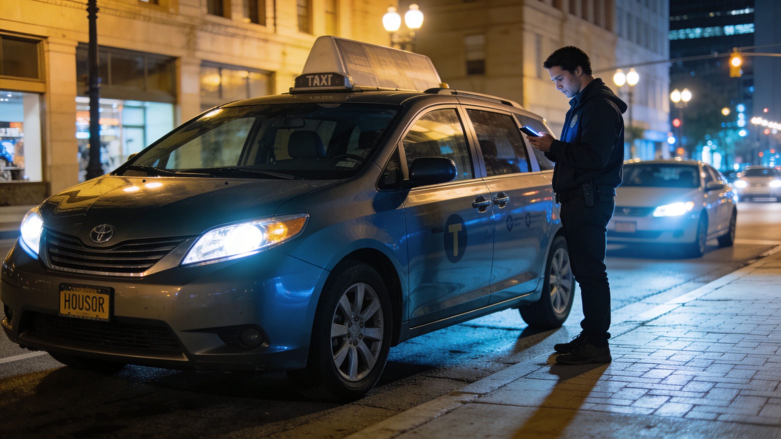 A taxi driver looking at his phone while parked on a city street at night.