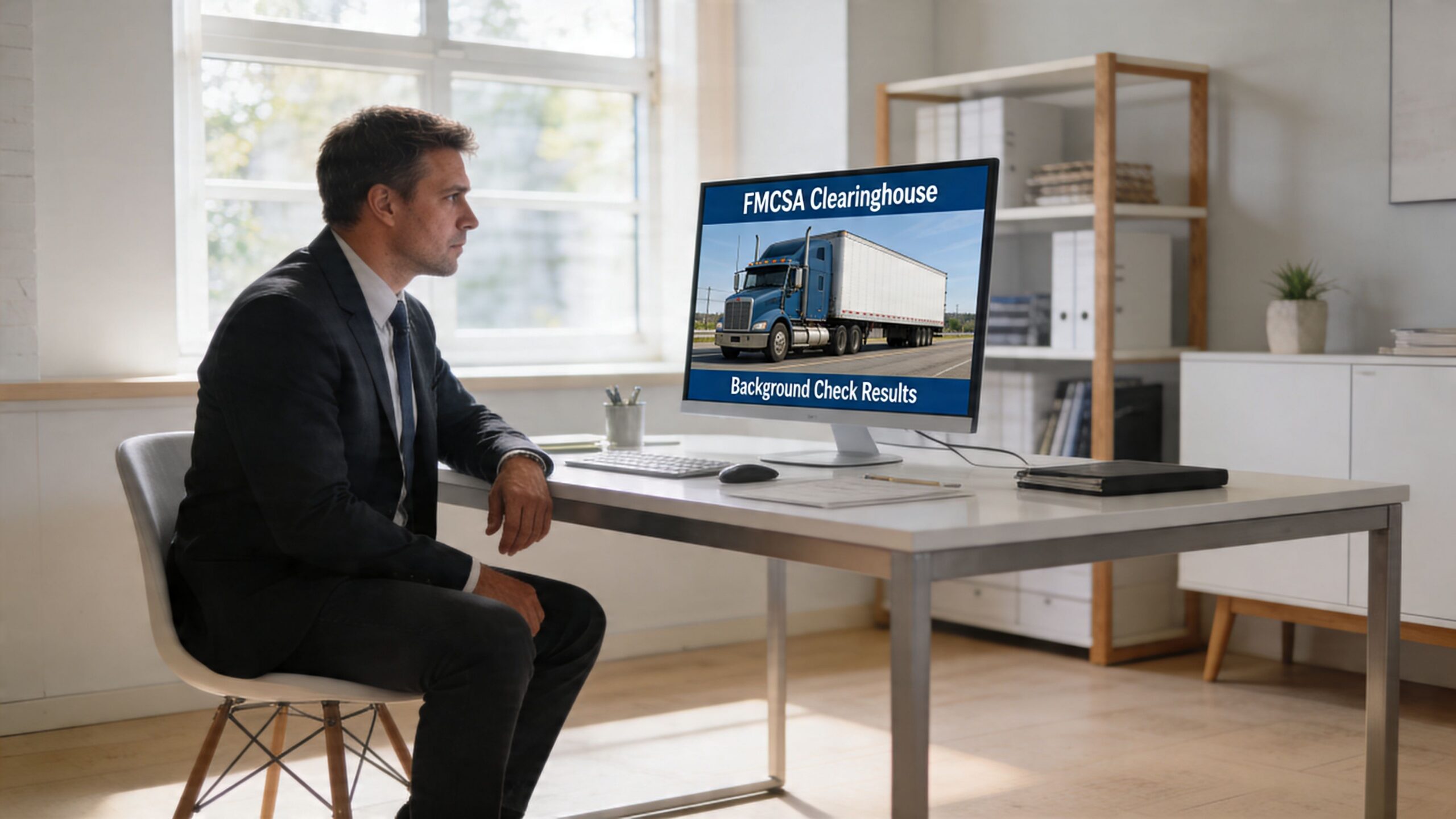 A professional man in a suit looking at a computer screen displaying FMCSA Clearinghouse background check results.
