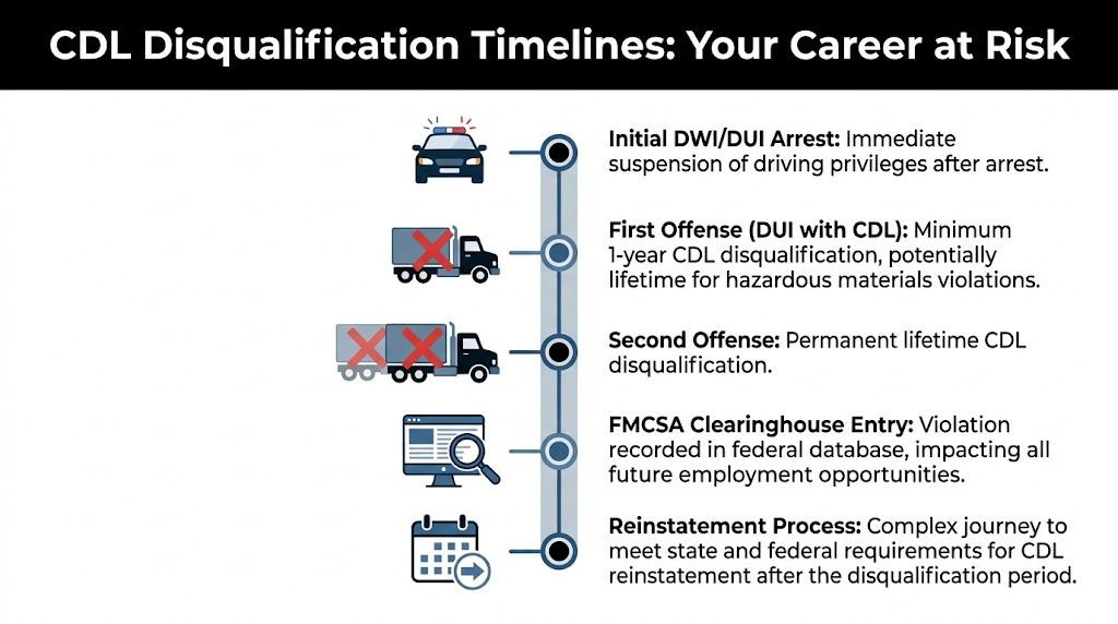 A timeline graphic showing the consequences of a DUI conviction for commercial truck drivers and CDL holders.