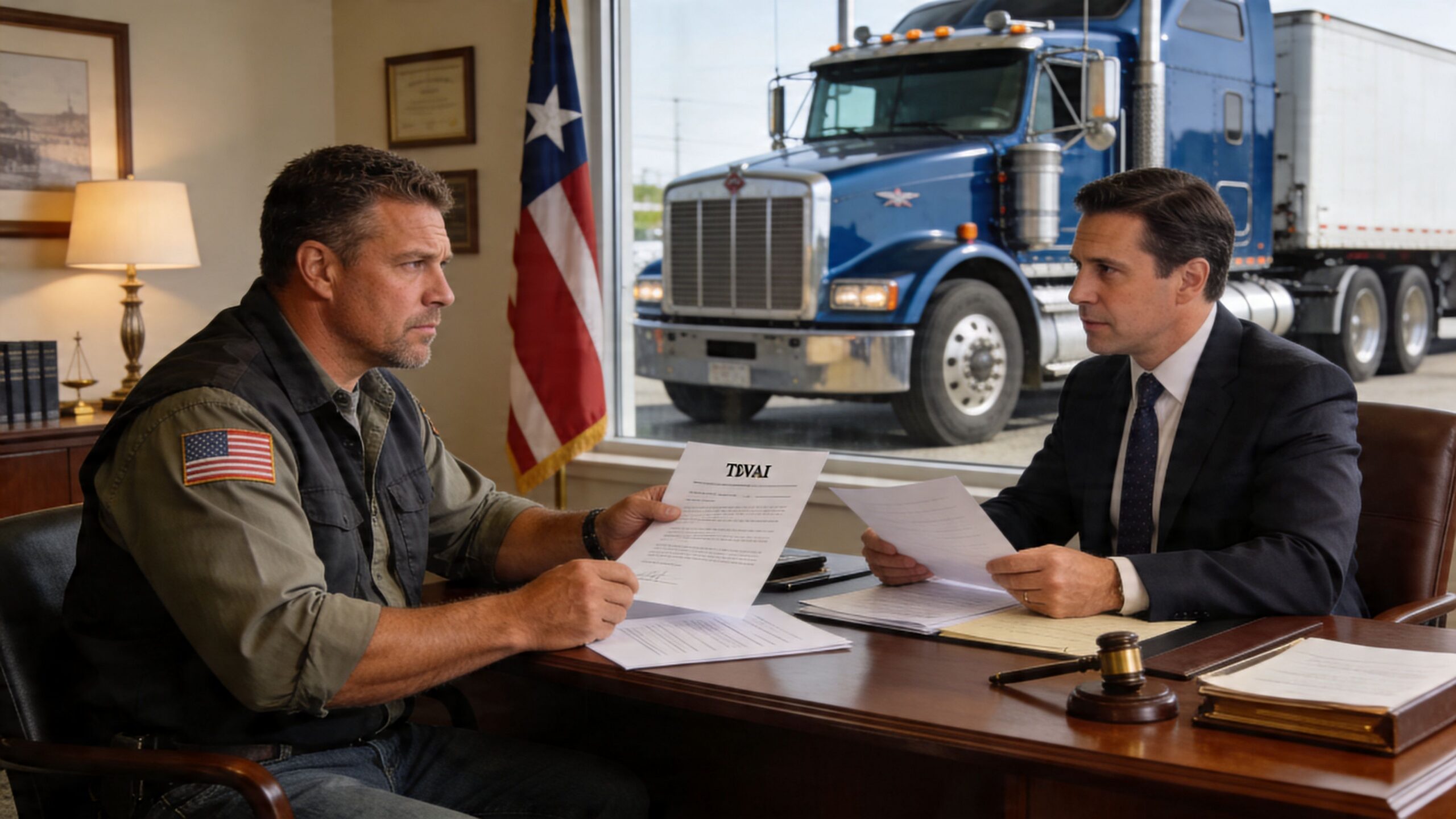 A man in a tactical shirt and a professional in a suit reviewing legal documents together in an office.