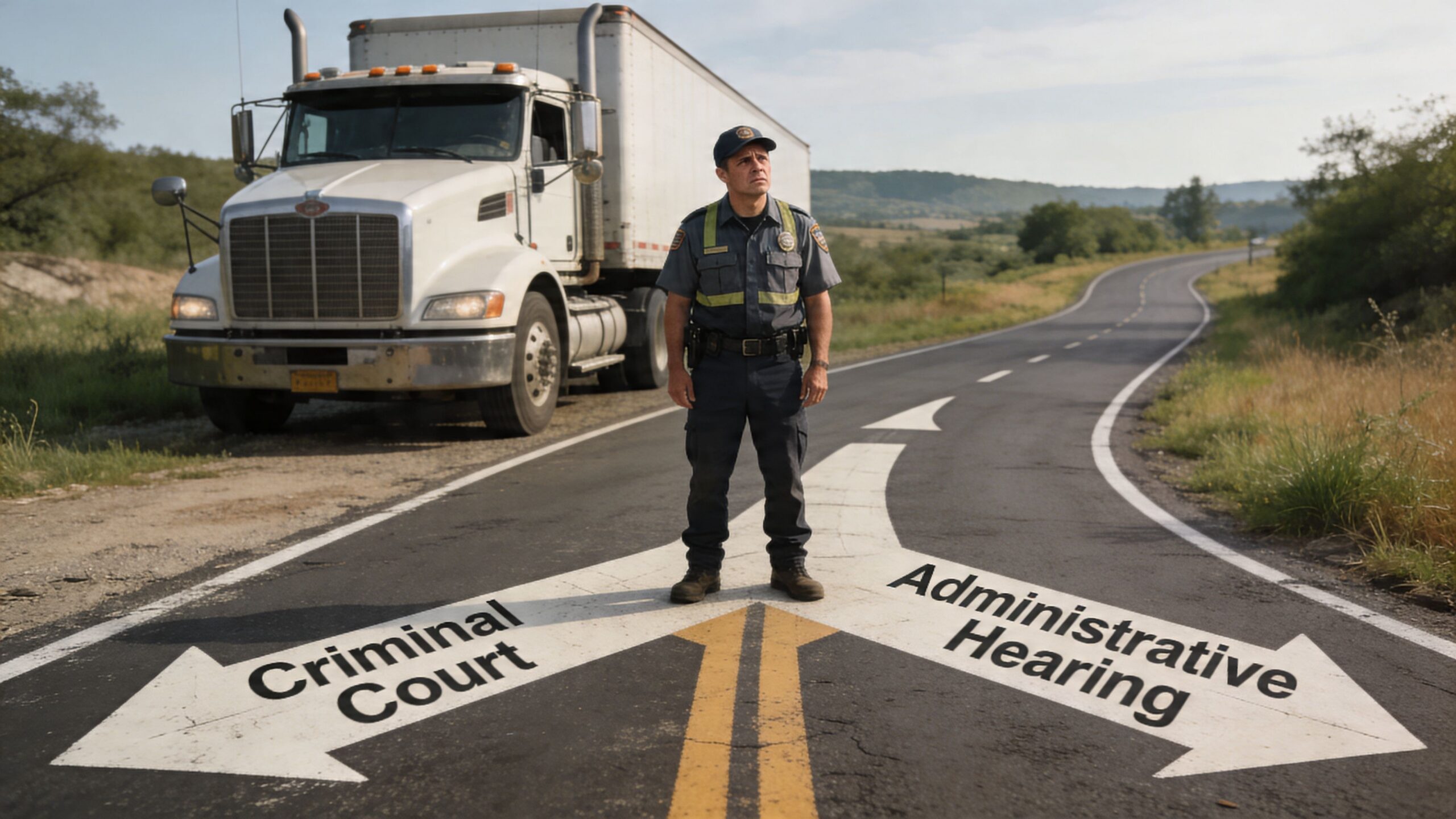 A police officer standing at a road fork with options for Criminal Court or Administrative Hearing.