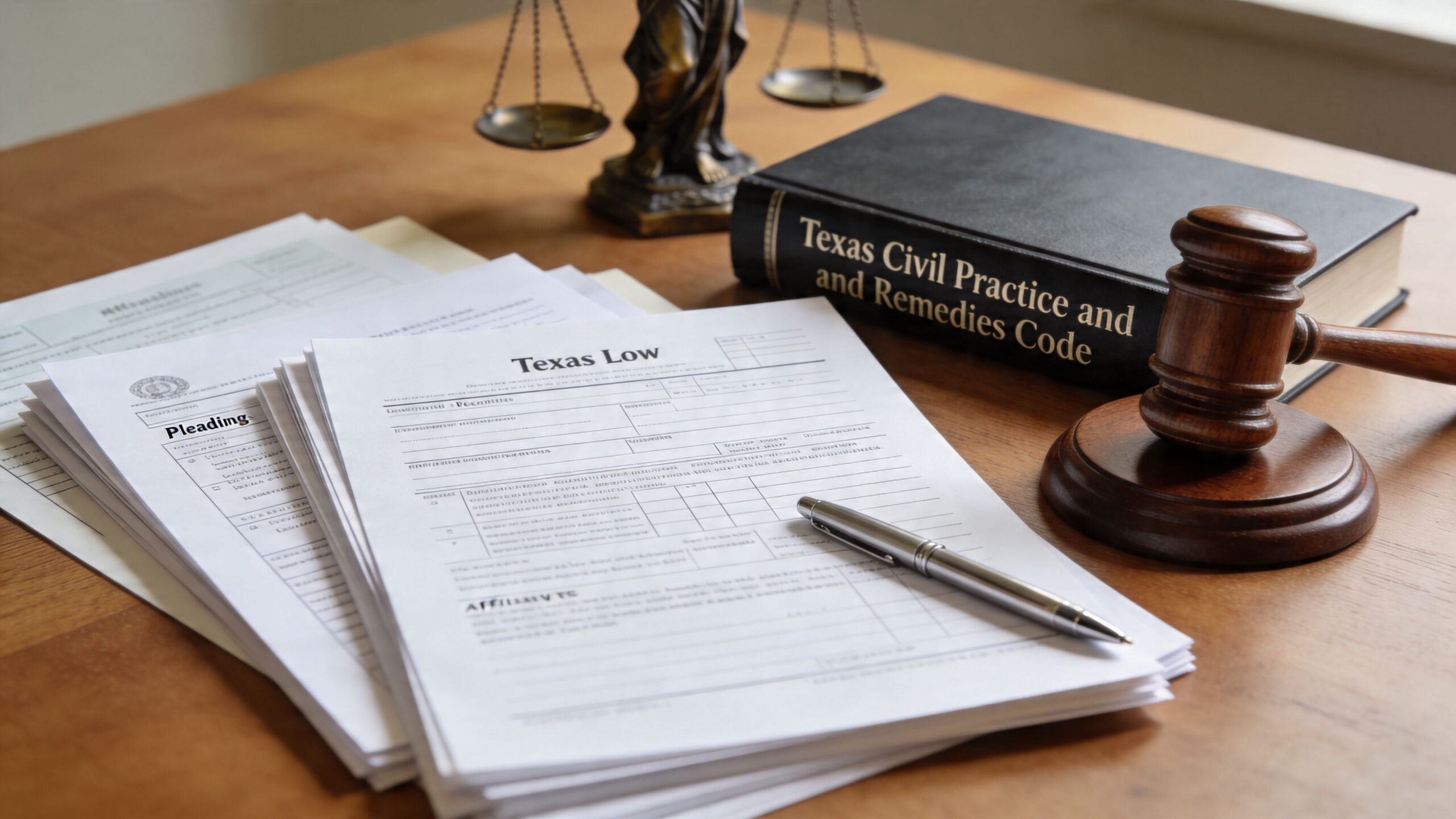 A gavel, legal books, and official court paperwork resting on a wooden desk in a law office.