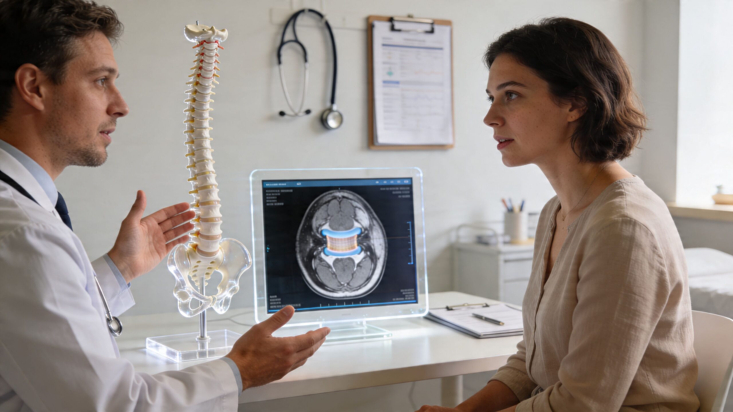 A doctor explaining a herniated disc diagnosis to a female patient using a spinal model and monitor.