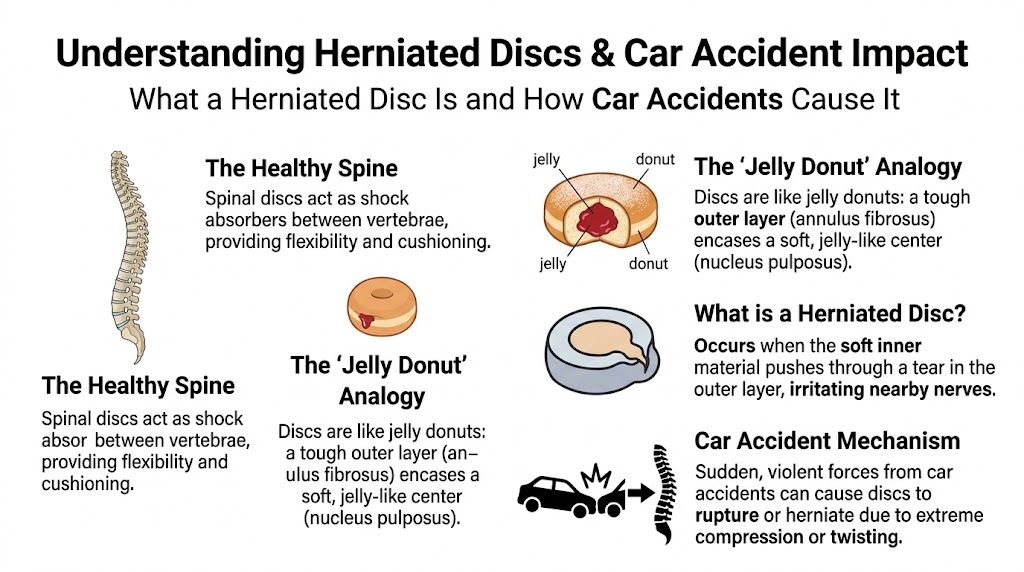 An infographic explaining how spinal discs function like jelly donuts and how car accidents cause herniated discs.